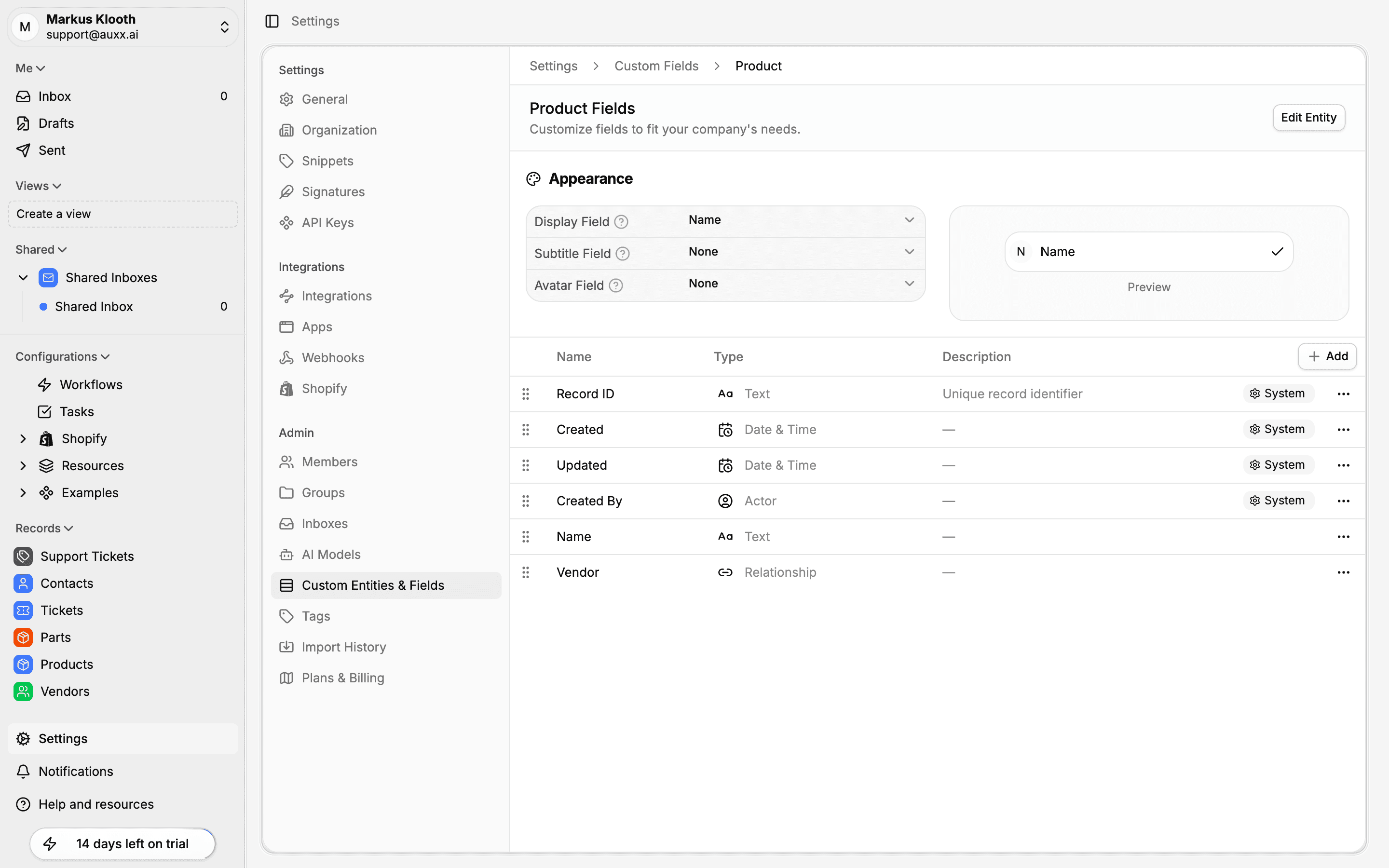 Entity detail page showing Appearance section with Display Field, Subtitle Field, and Avatar Field dropdowns and a live preview