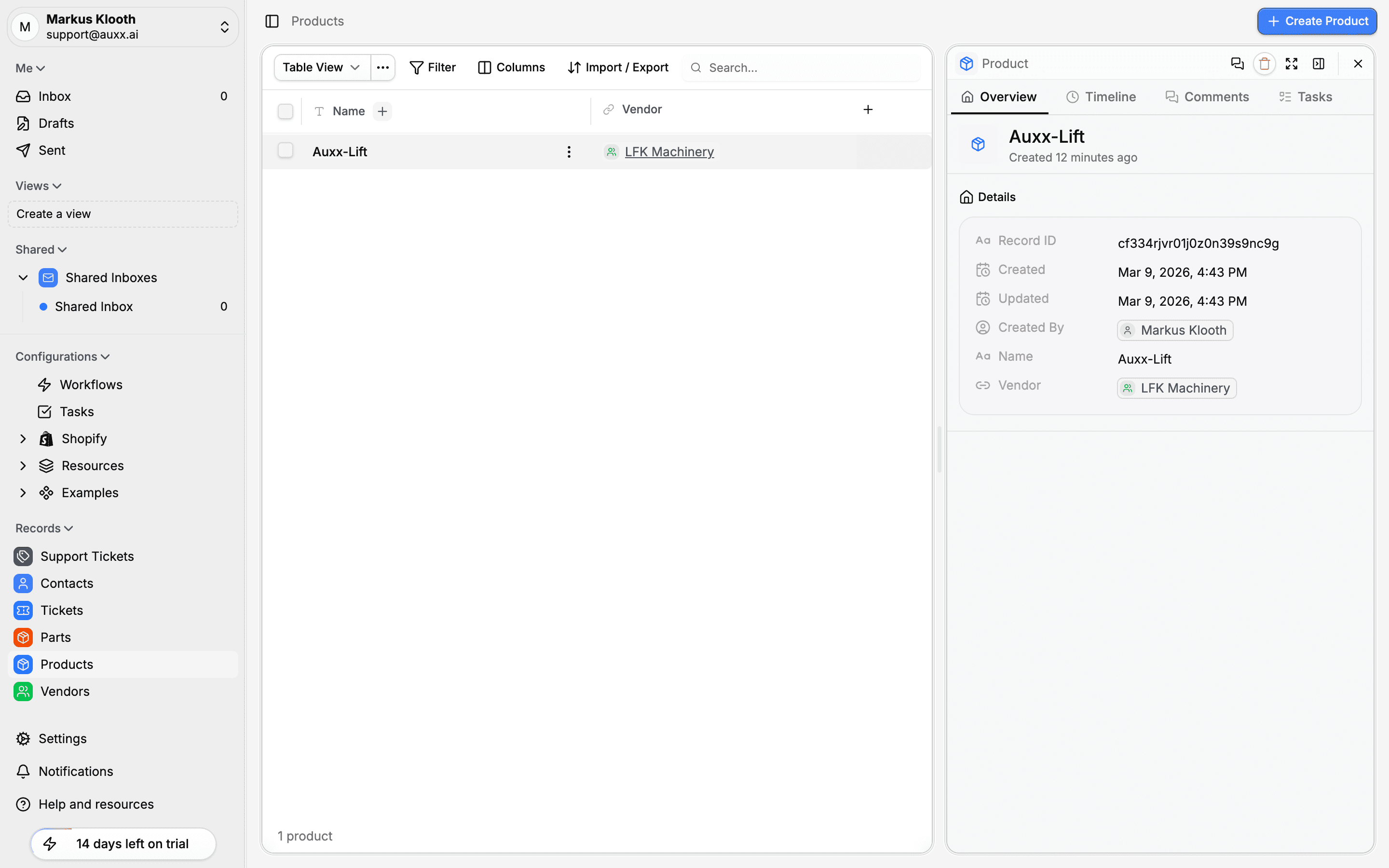 Record detail drawer showing Overview tab with field values, Timeline, Comments, and Tasks tabs