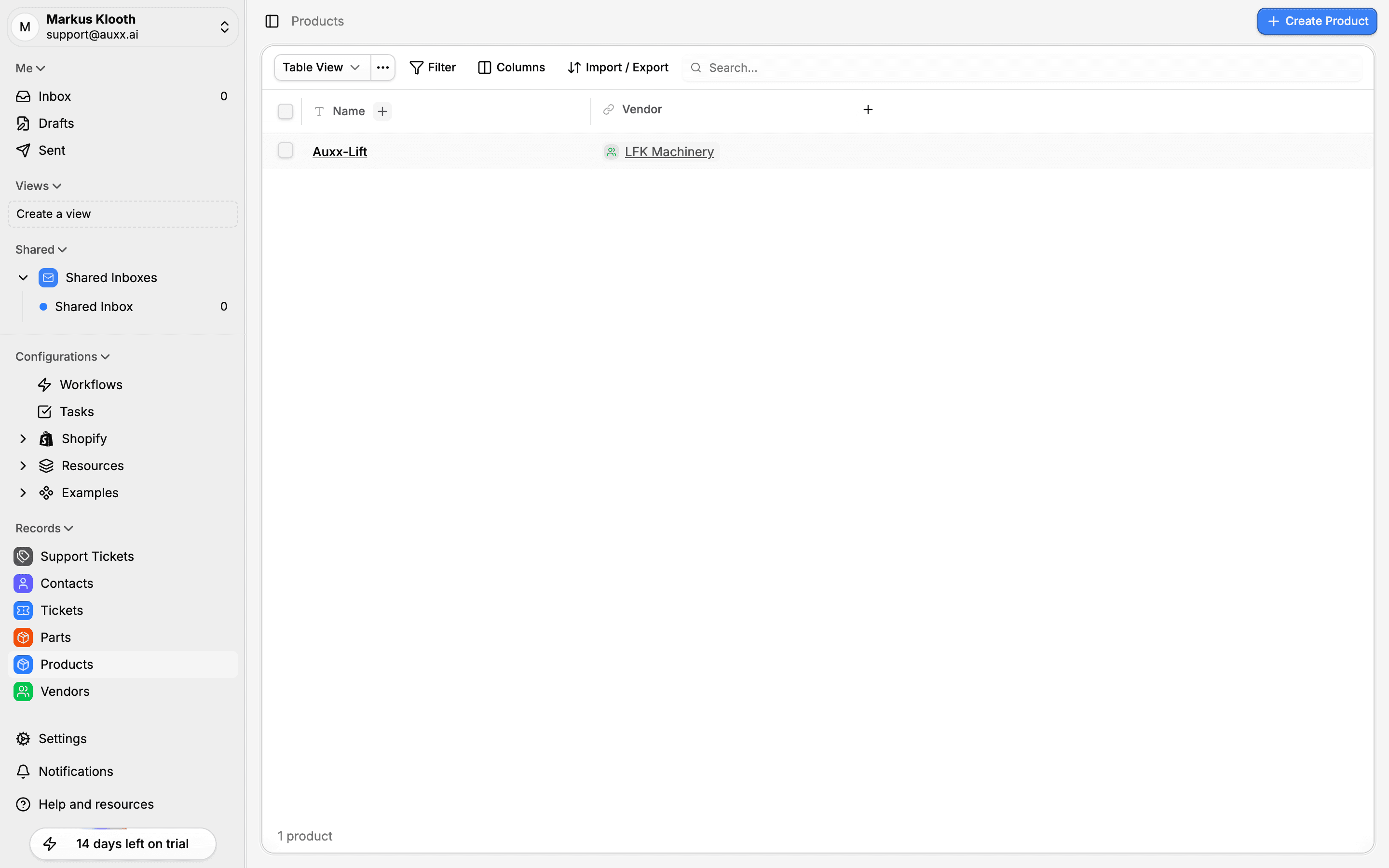 Products records page showing a table with Name and Vendor columns, filter bar, and Import/Export button