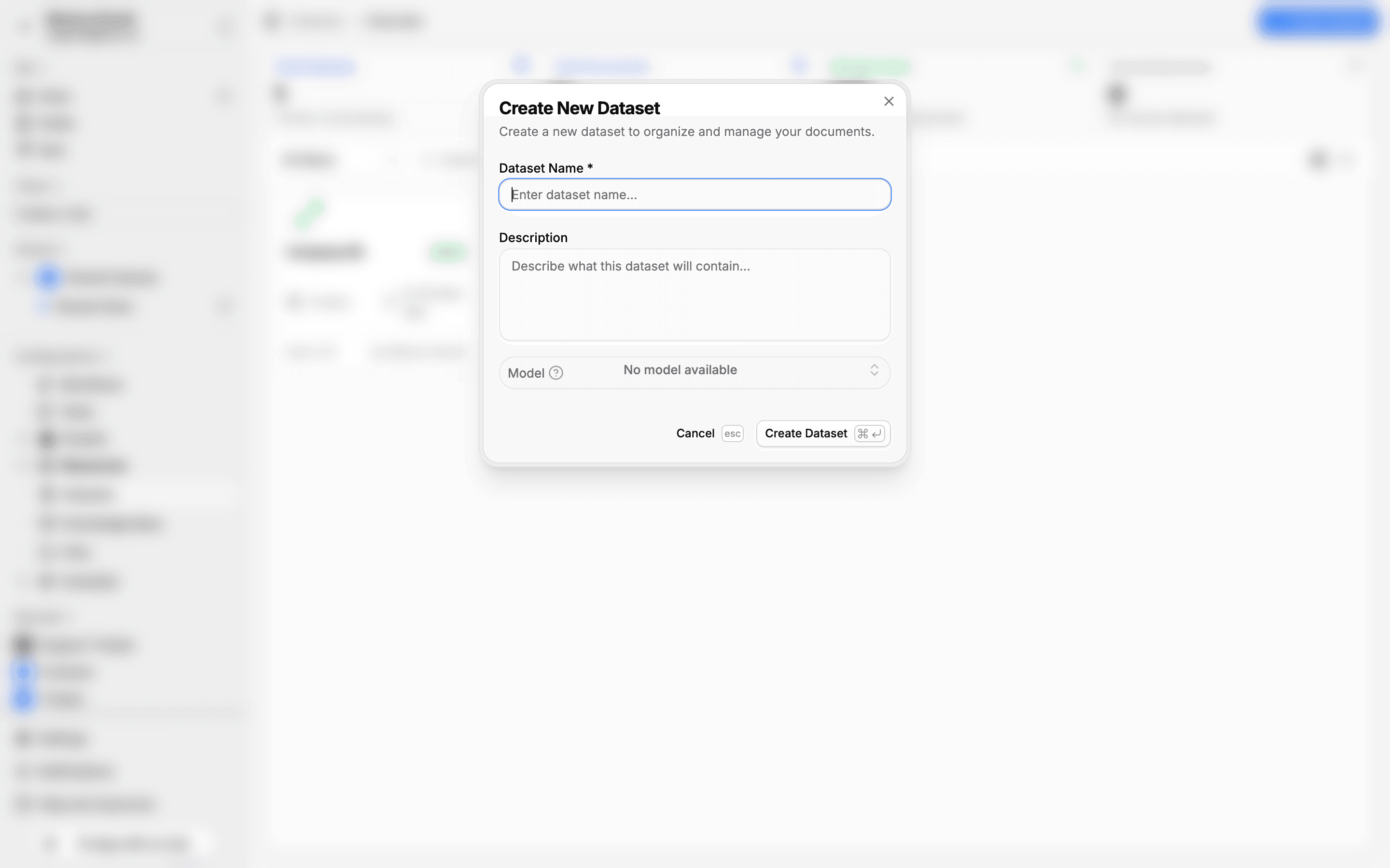 Create New Dataset dialog with name, description, and model fields