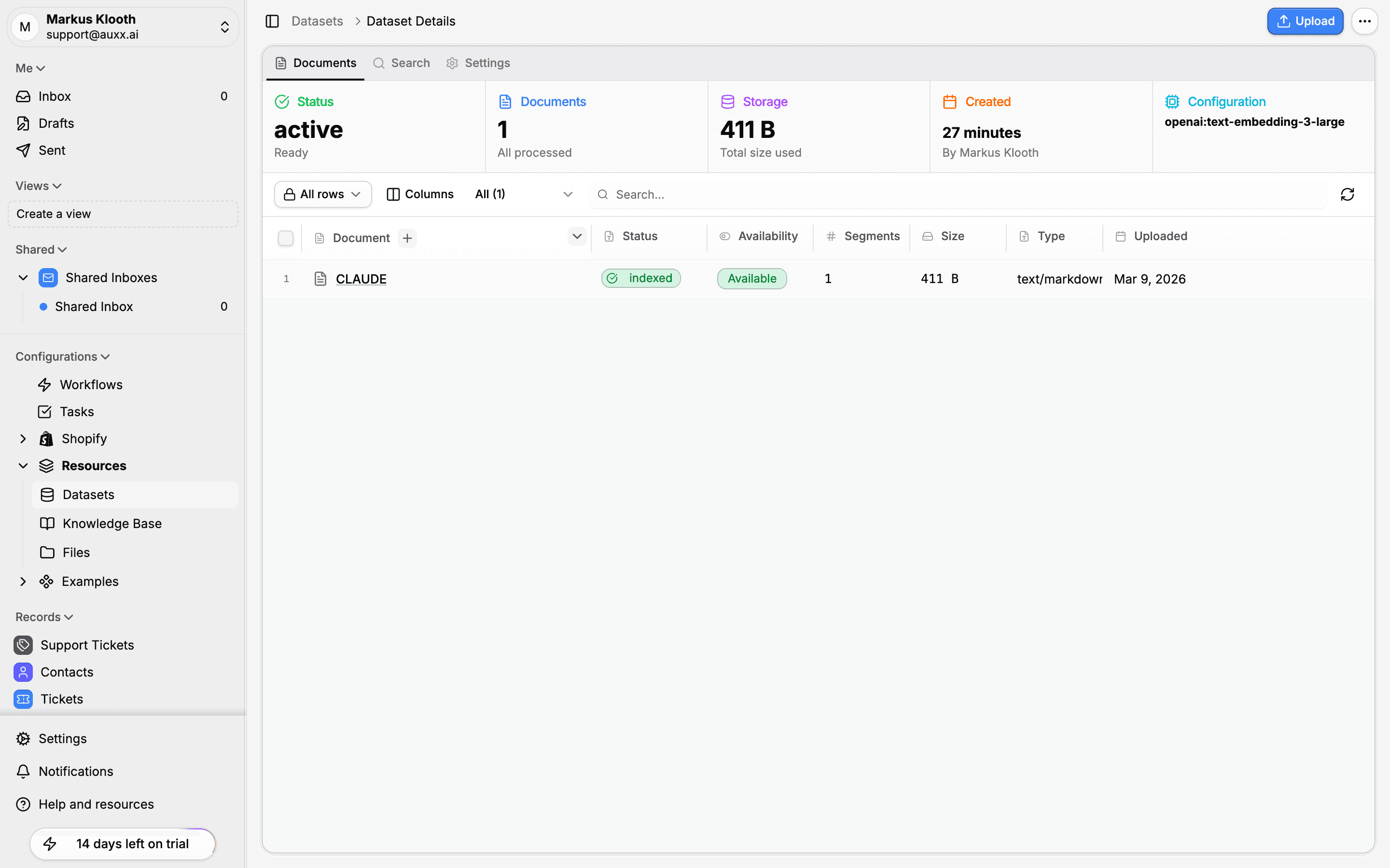 Dataset detail page showing Documents tab with status, segments, and document list