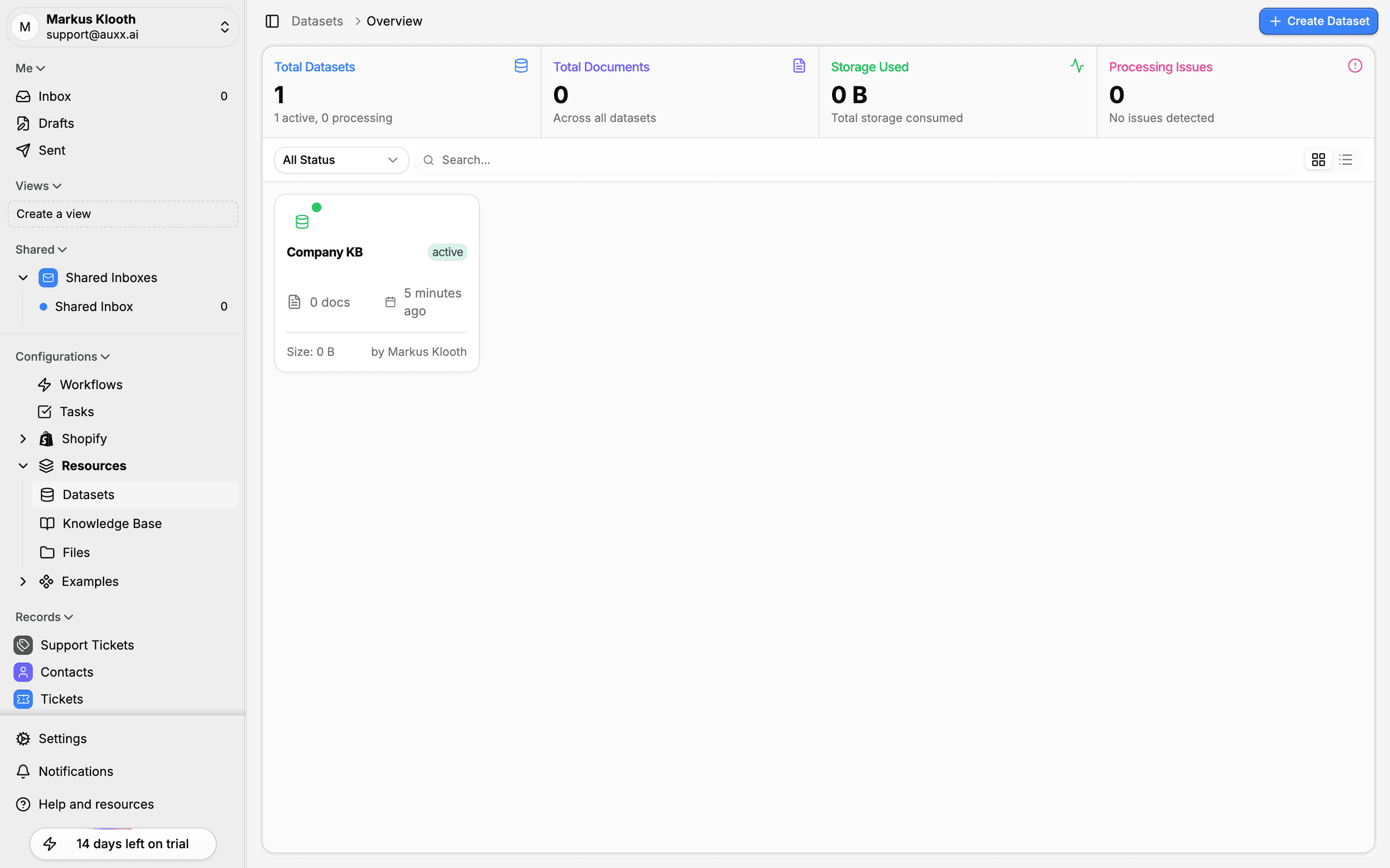Datasets overview page showing stats cards, status filter, and dataset grid
