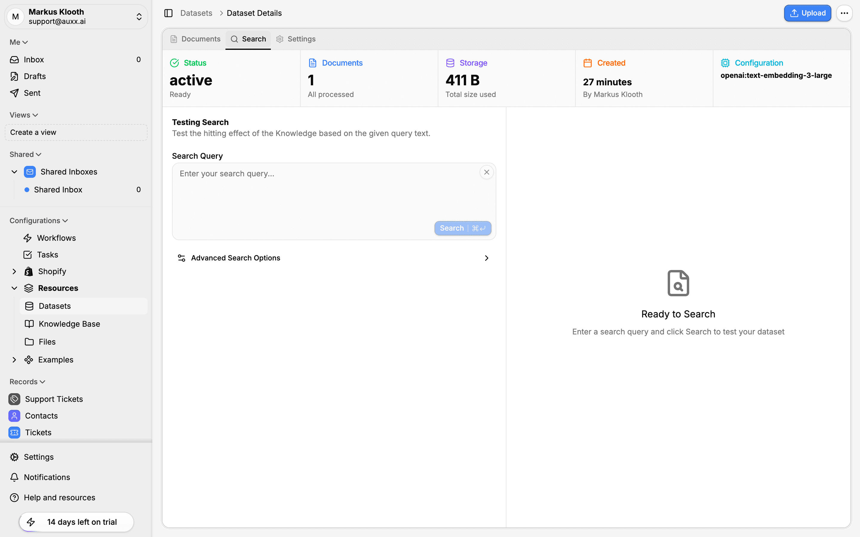 Dataset Search tab with query input, advanced options, and empty state