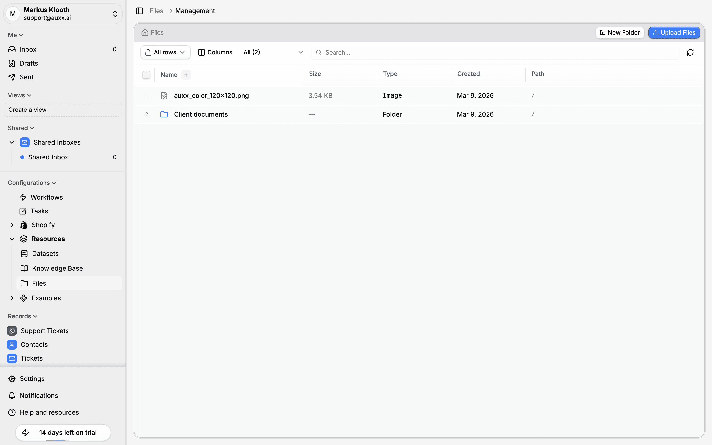 Files page showing a table of files and folders with name, size, type, and created date columns