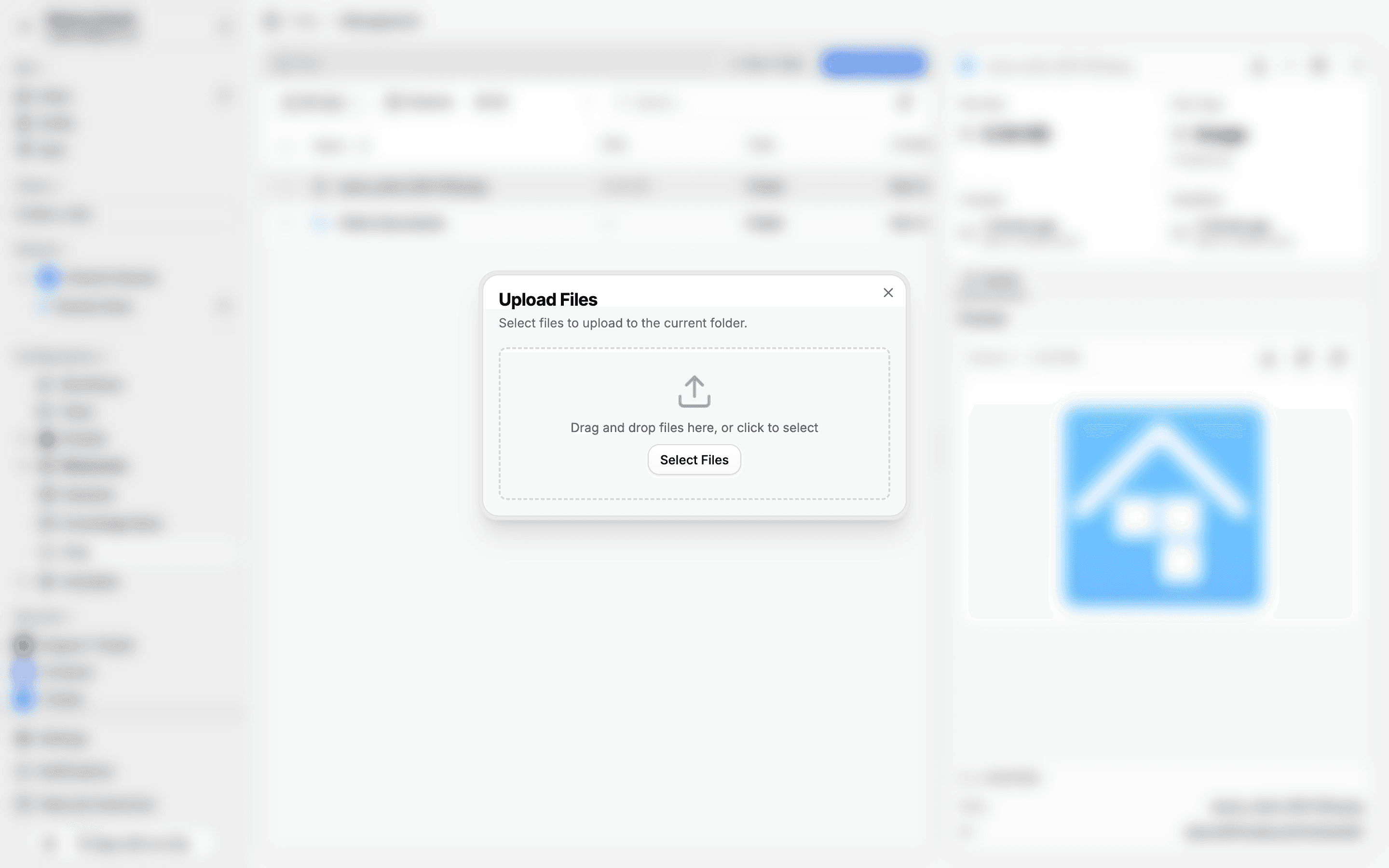 Upload Files dialog with drag-and-drop area and Select Files button