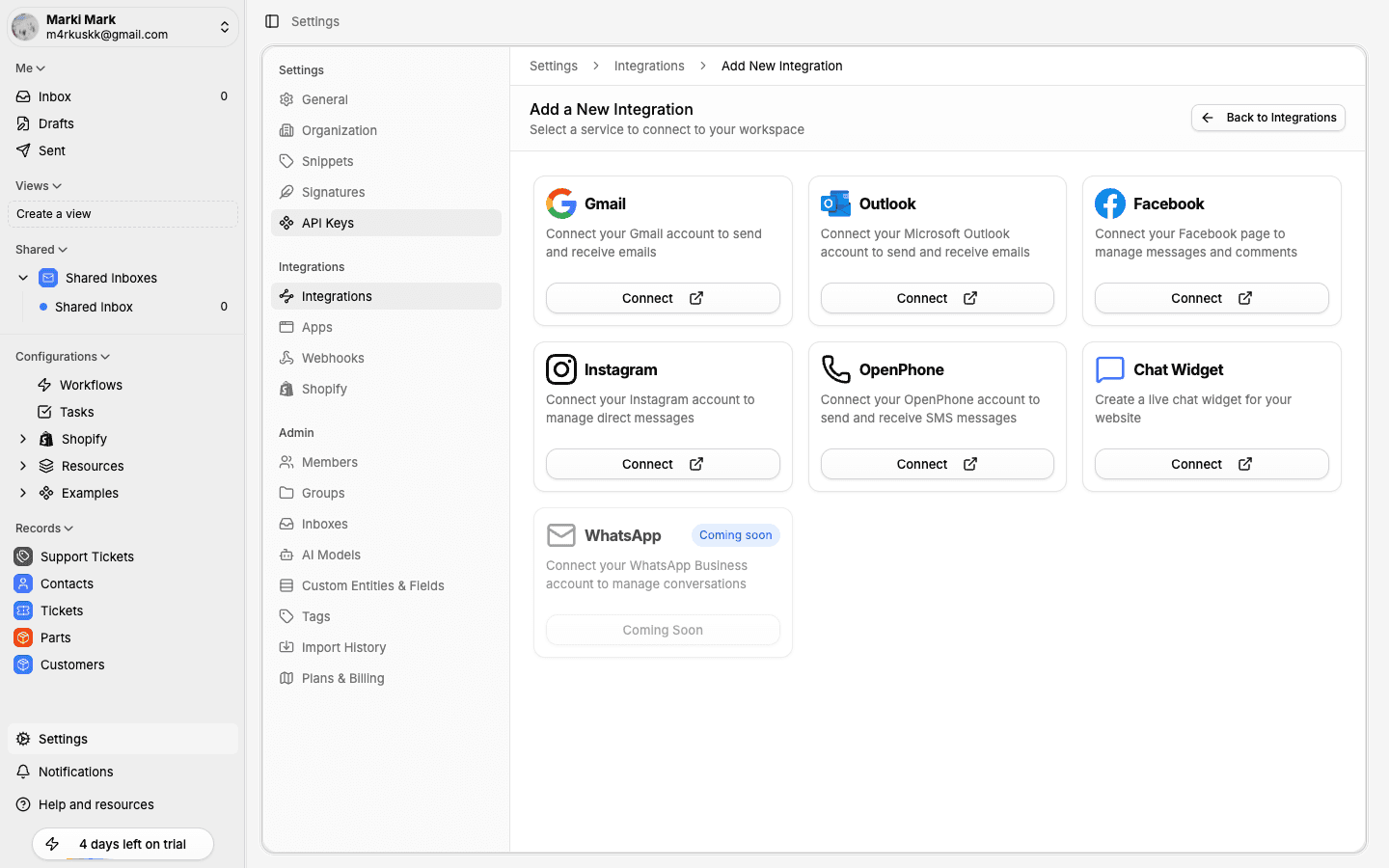 Available integrations including Gmail, Outlook, and more