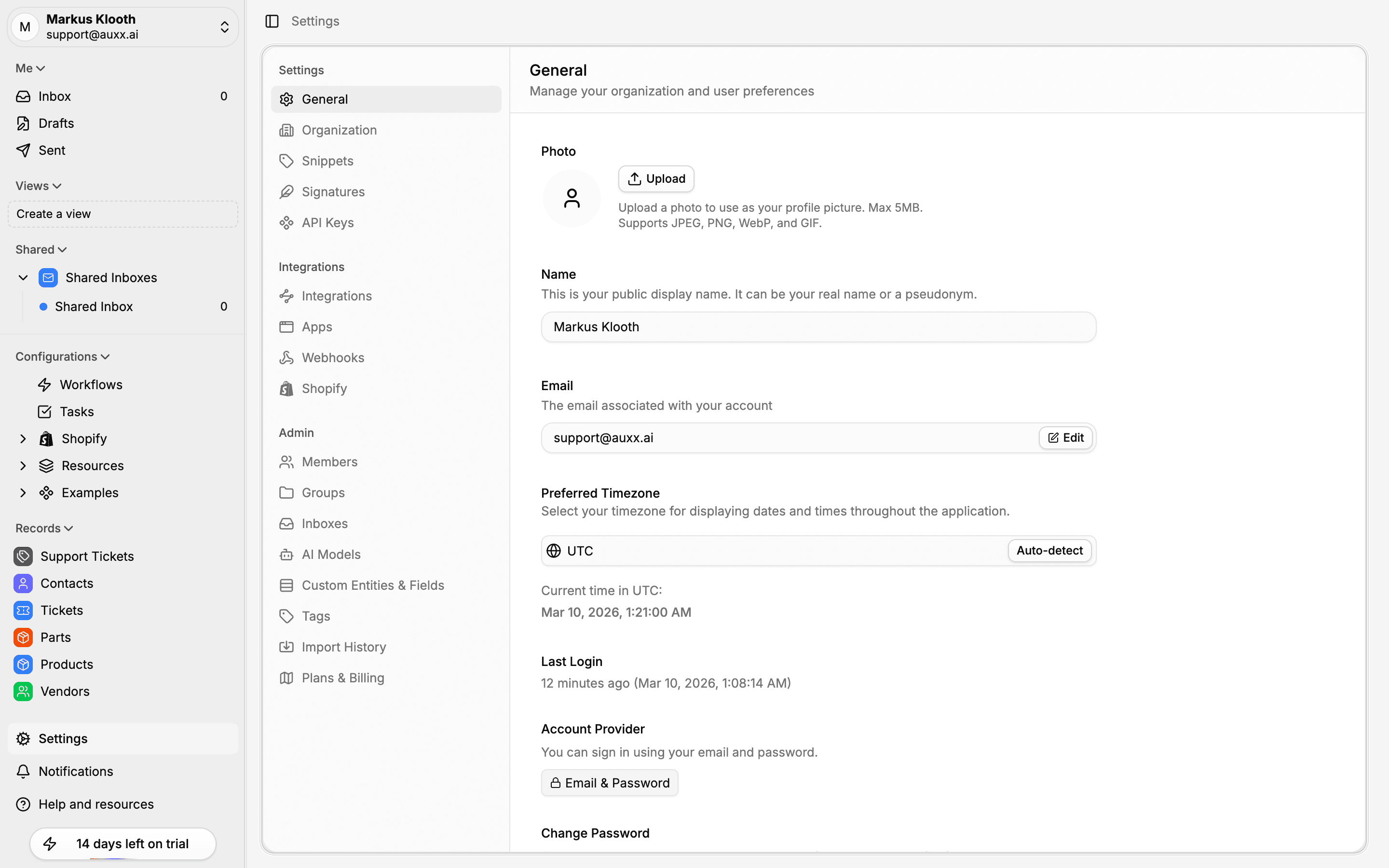 General settings page showing profile photo, name, email, timezone, and account provider