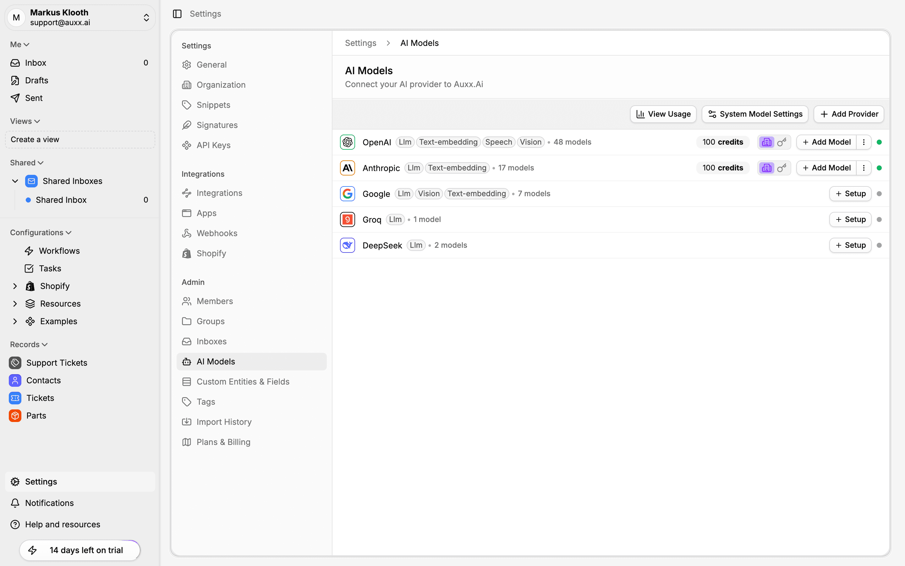 AI Models settings page