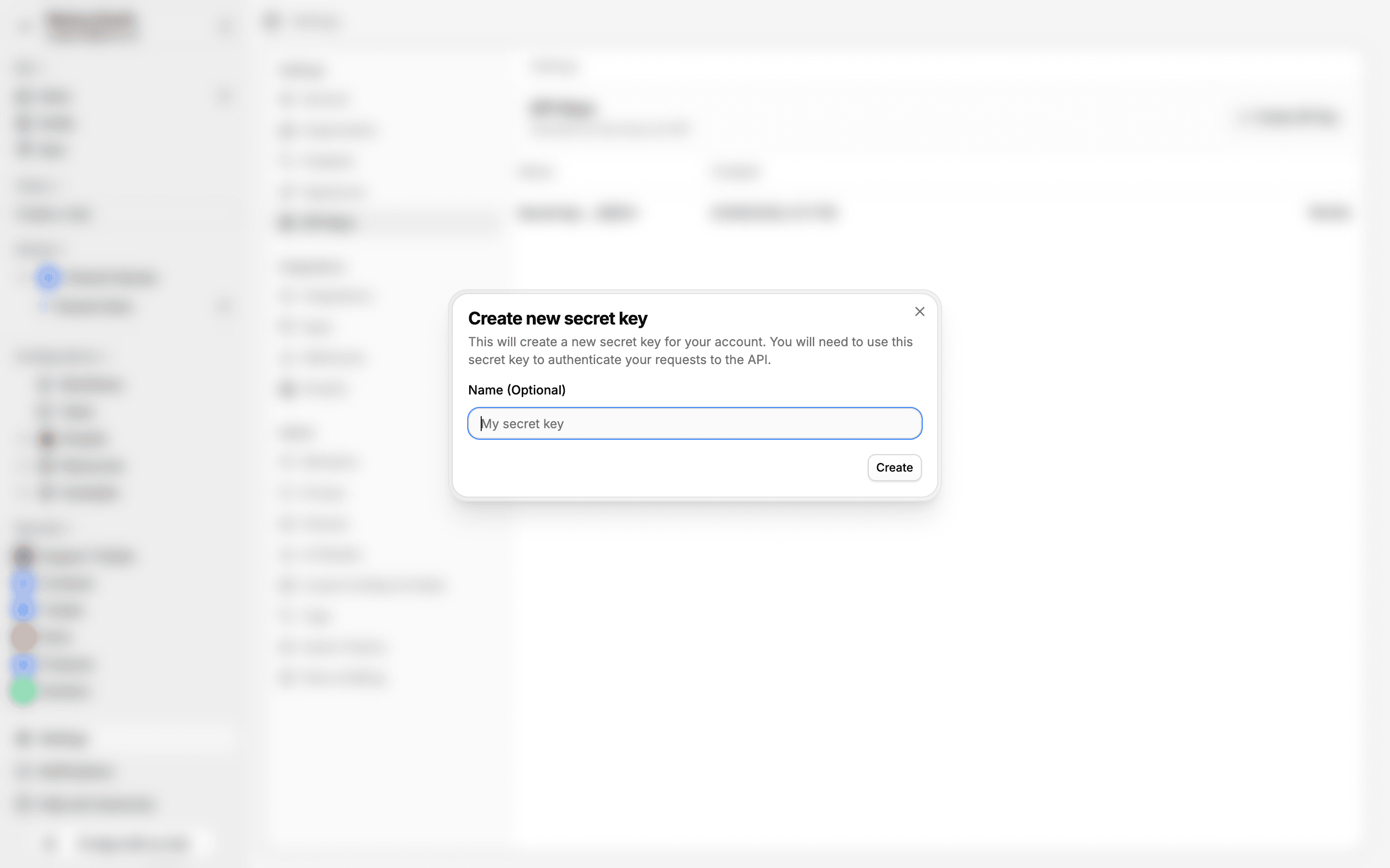 Create new secret key dialog with optional name field