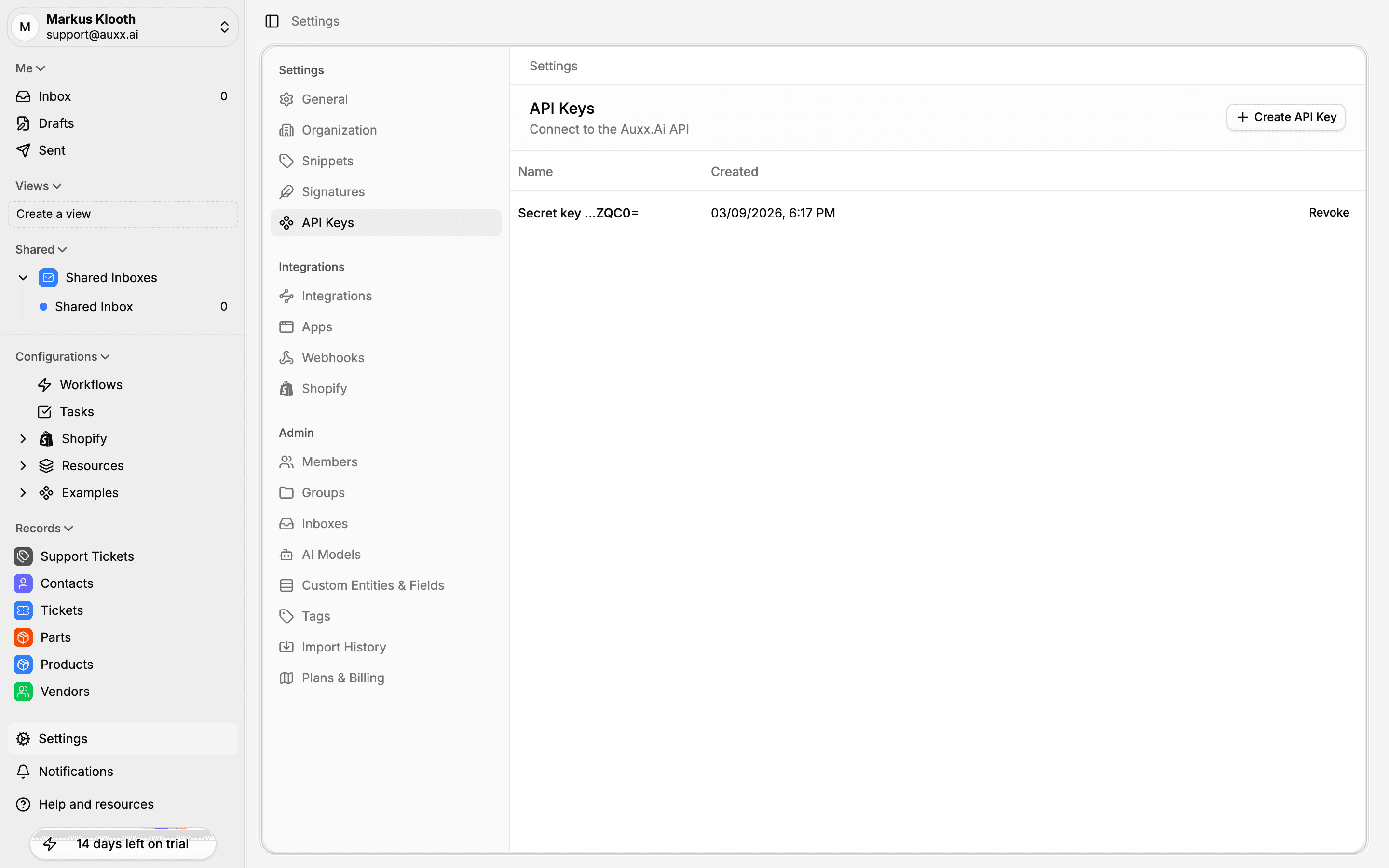 API Keys settings page with existing key and Create button