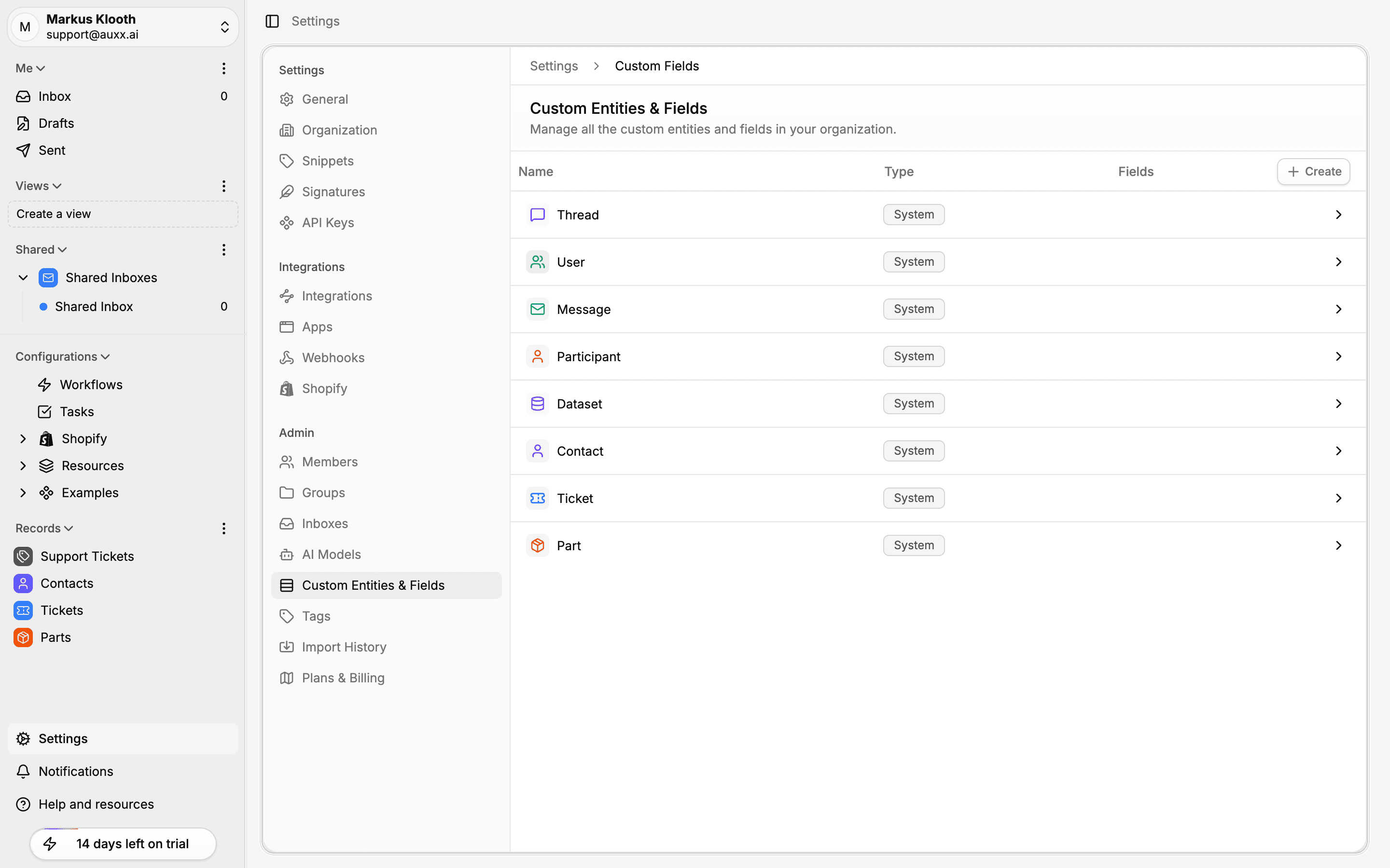 Custom entities & fields settings page