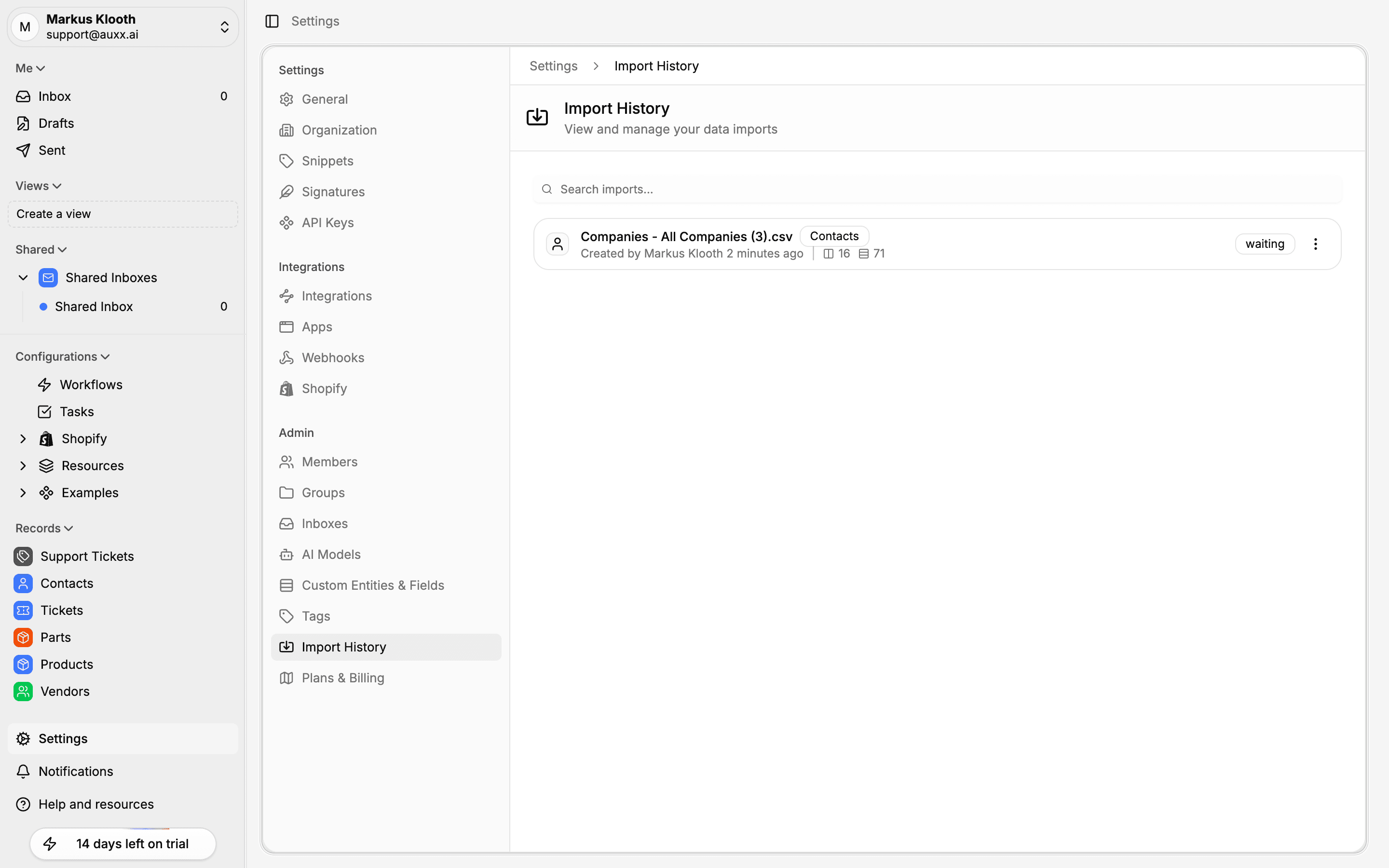 Import History page showing a CSV import with filename, entity type, creator, and status