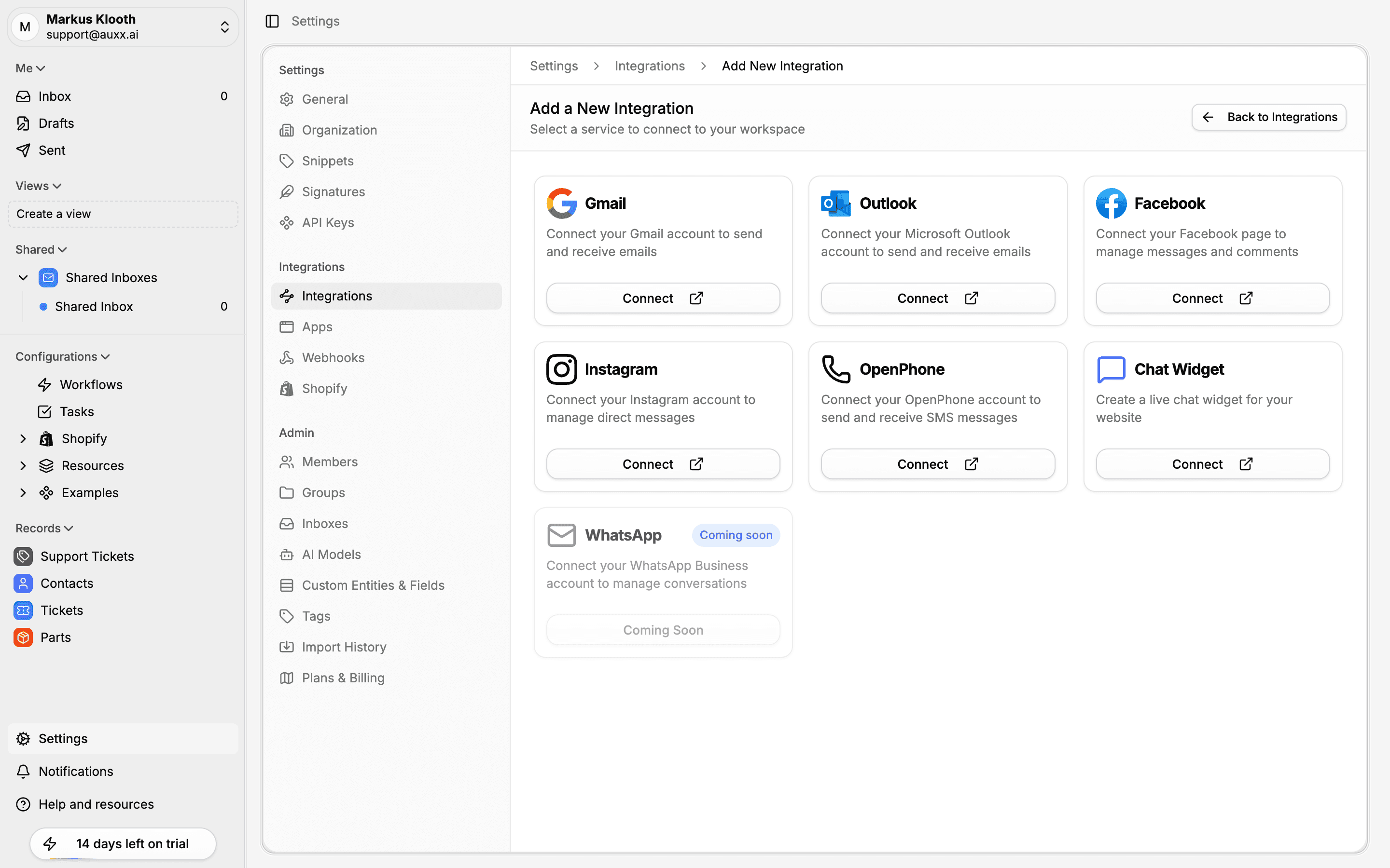 Add New Integration page showing available providers