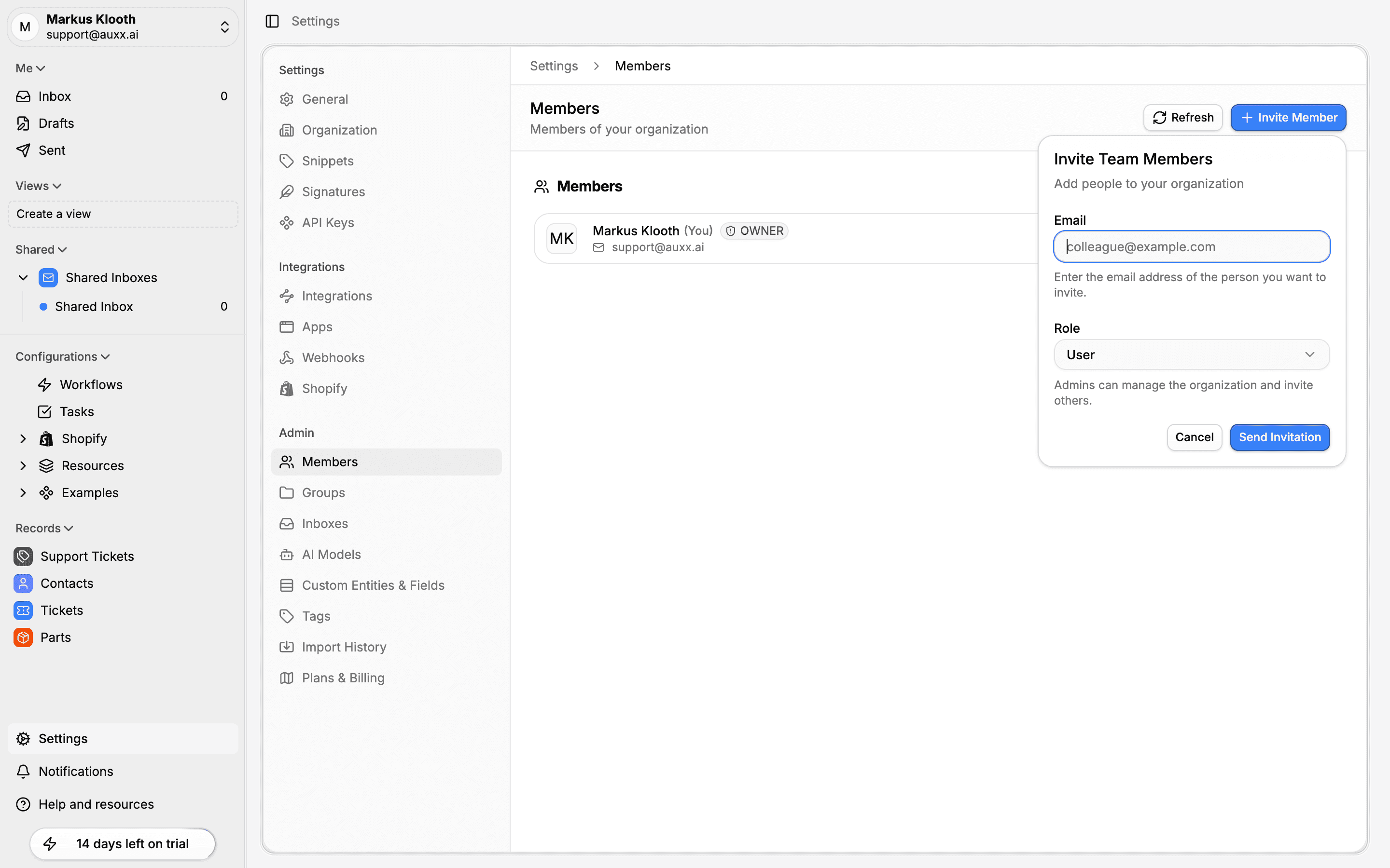 Invite member popover with email and role fields