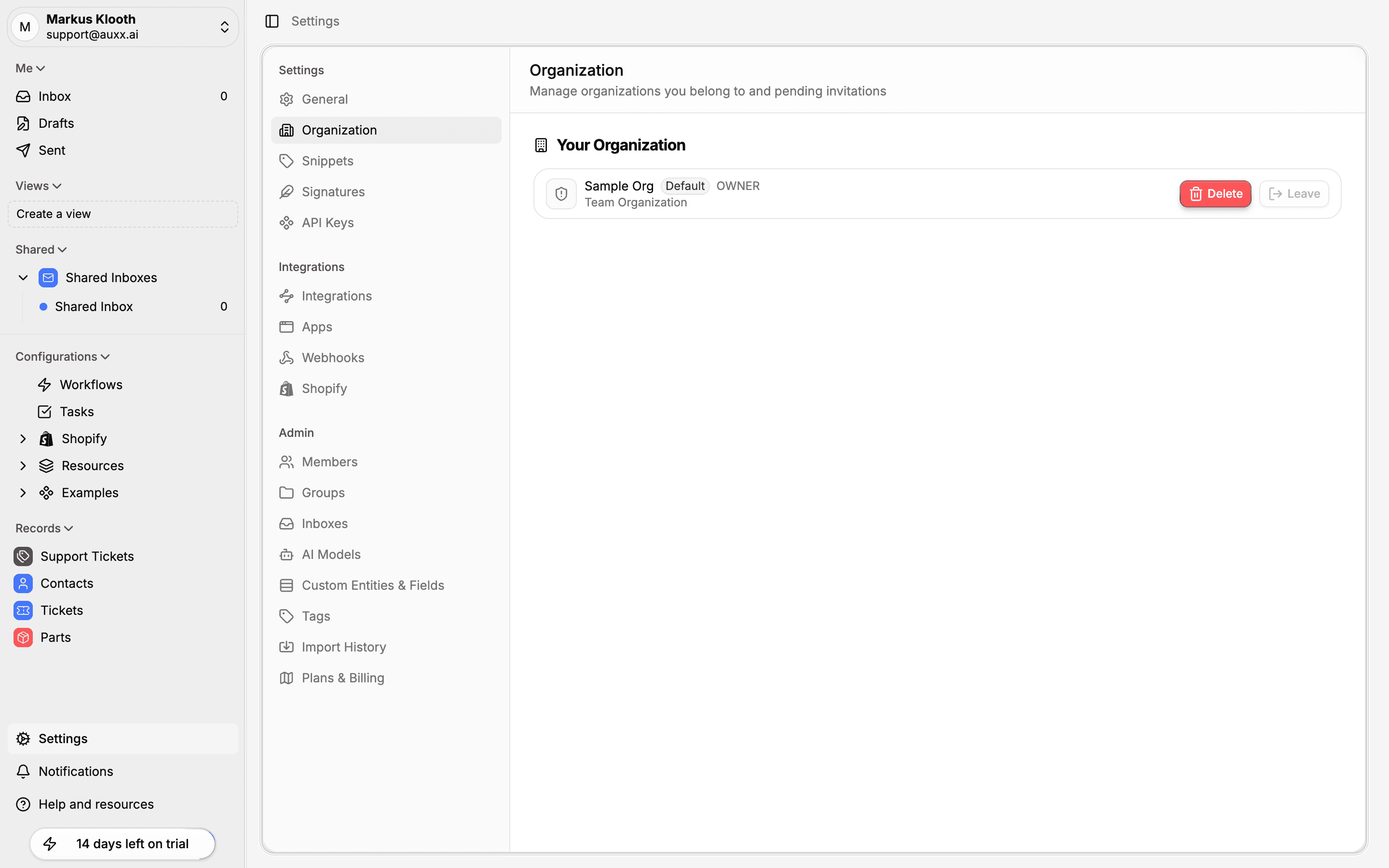 Organization settings showing workspace memberships