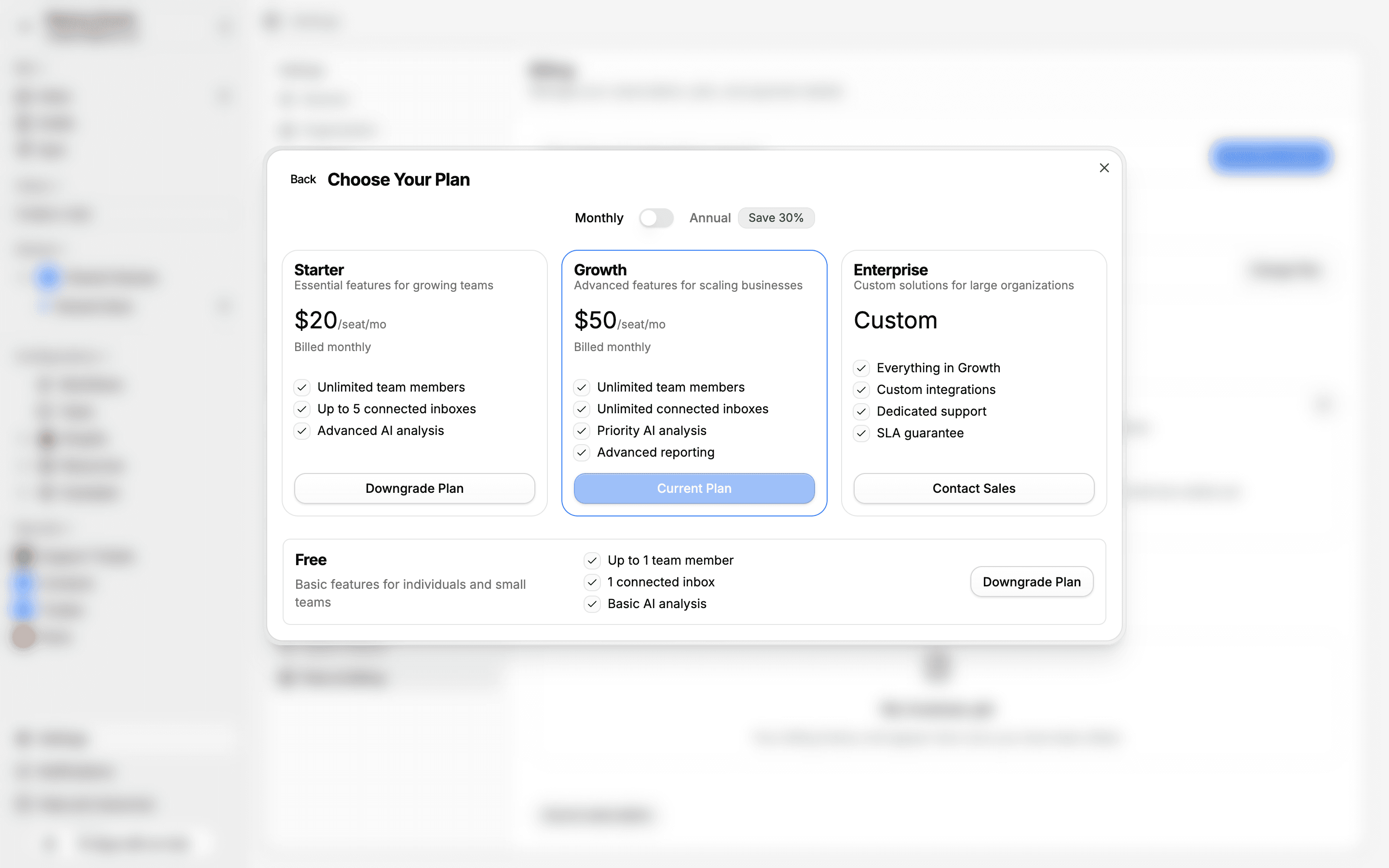 Plan picker showing Starter, Growth, Enterprise, and Free plans with pricing and features