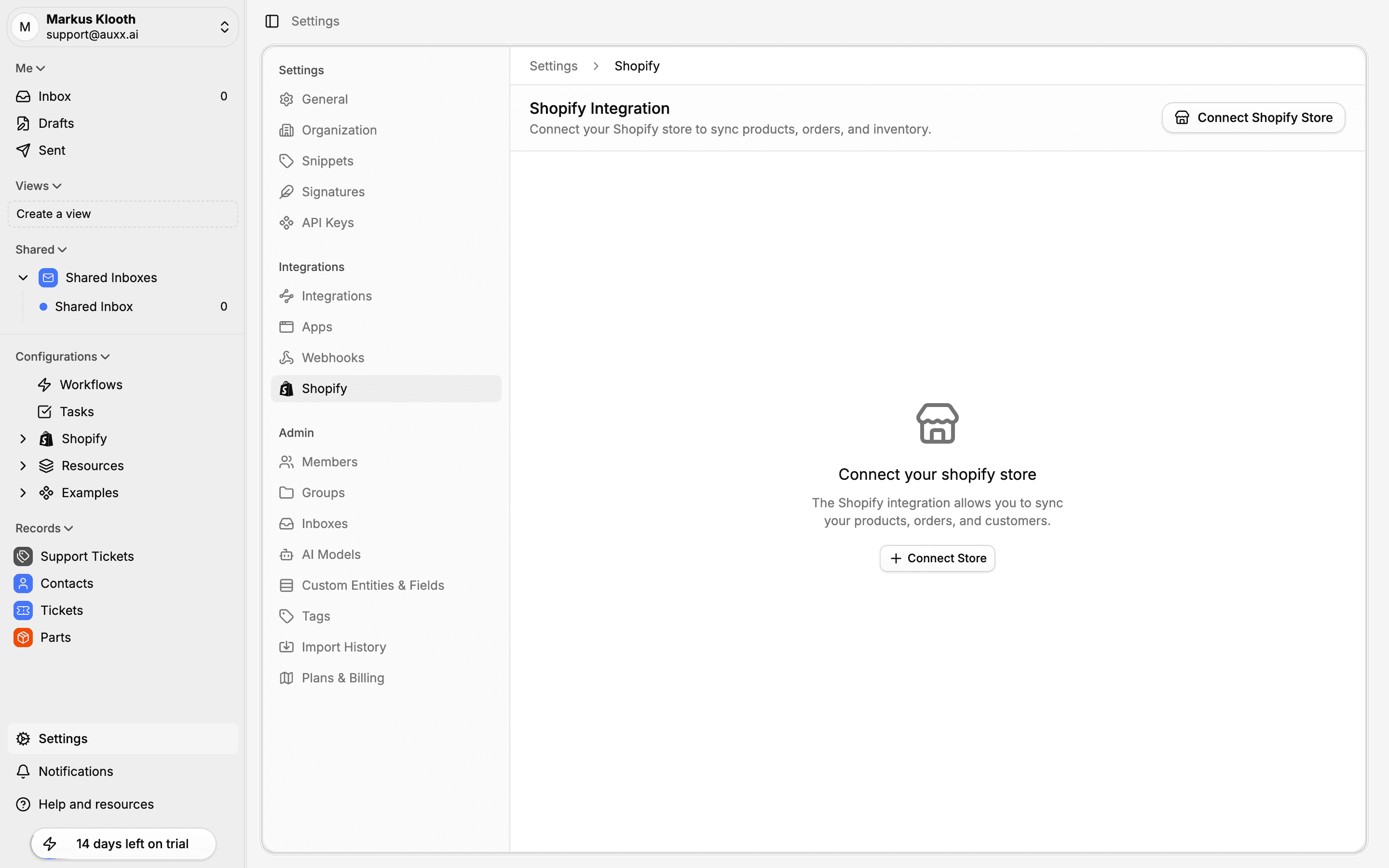 Shopify settings page with Connect Store button