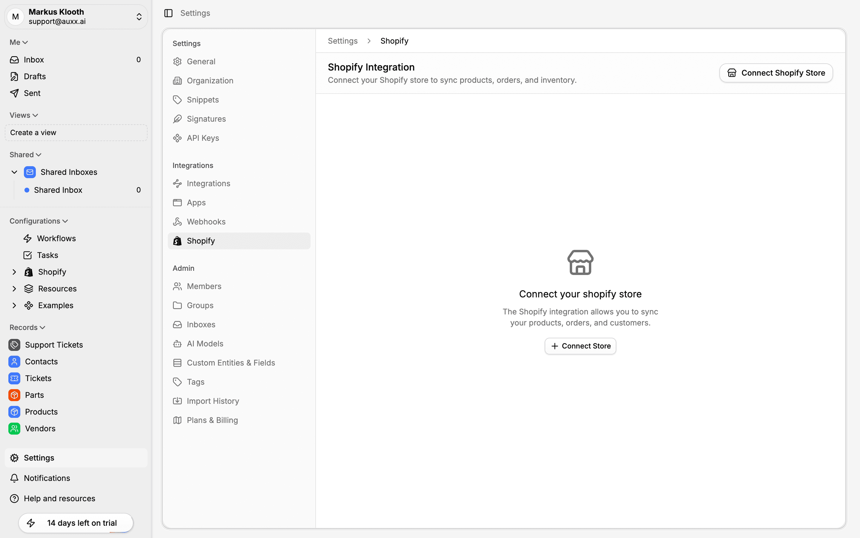 Shopify integration settings page with Connect Store button