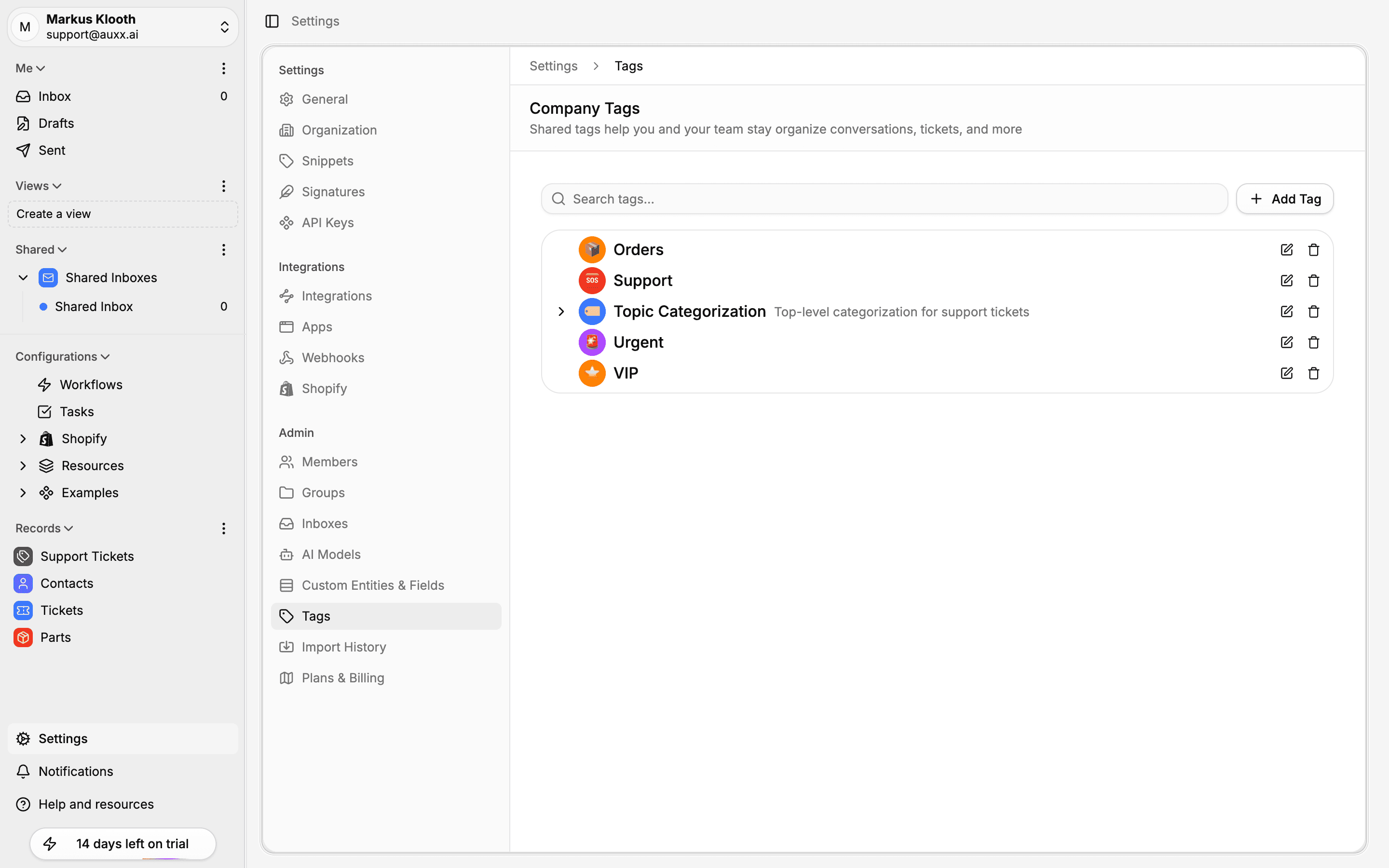 Tags settings page with tree view