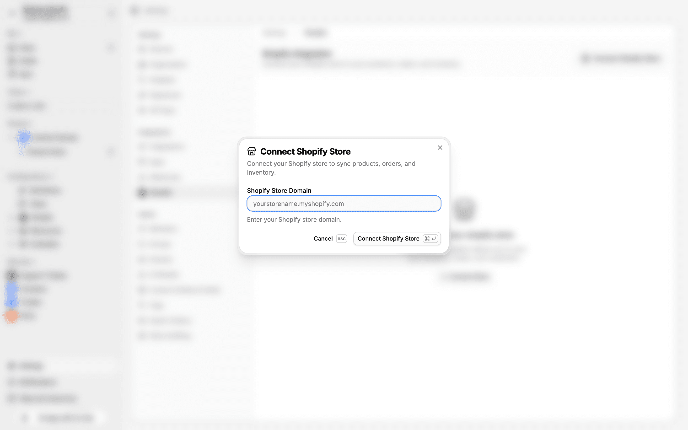 Shopify connect dialog with store domain input