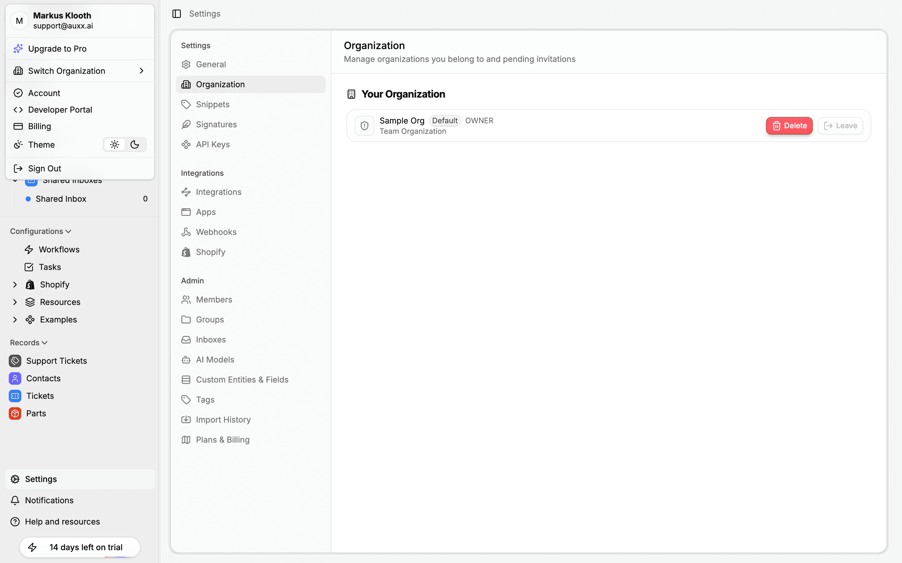 User menu with Switch Organization option