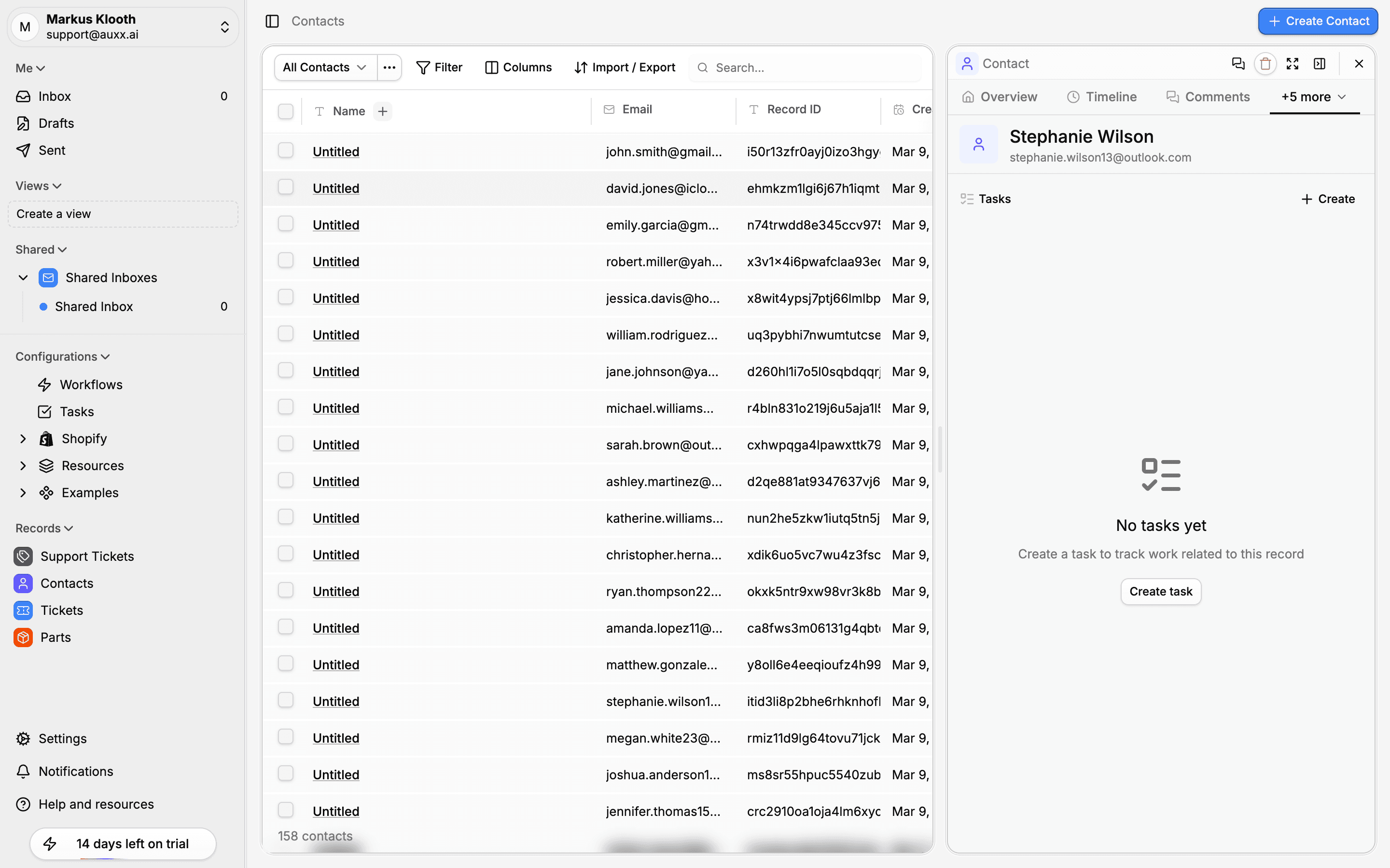 Contact detail drawer showing the Tasks tab with a Create button