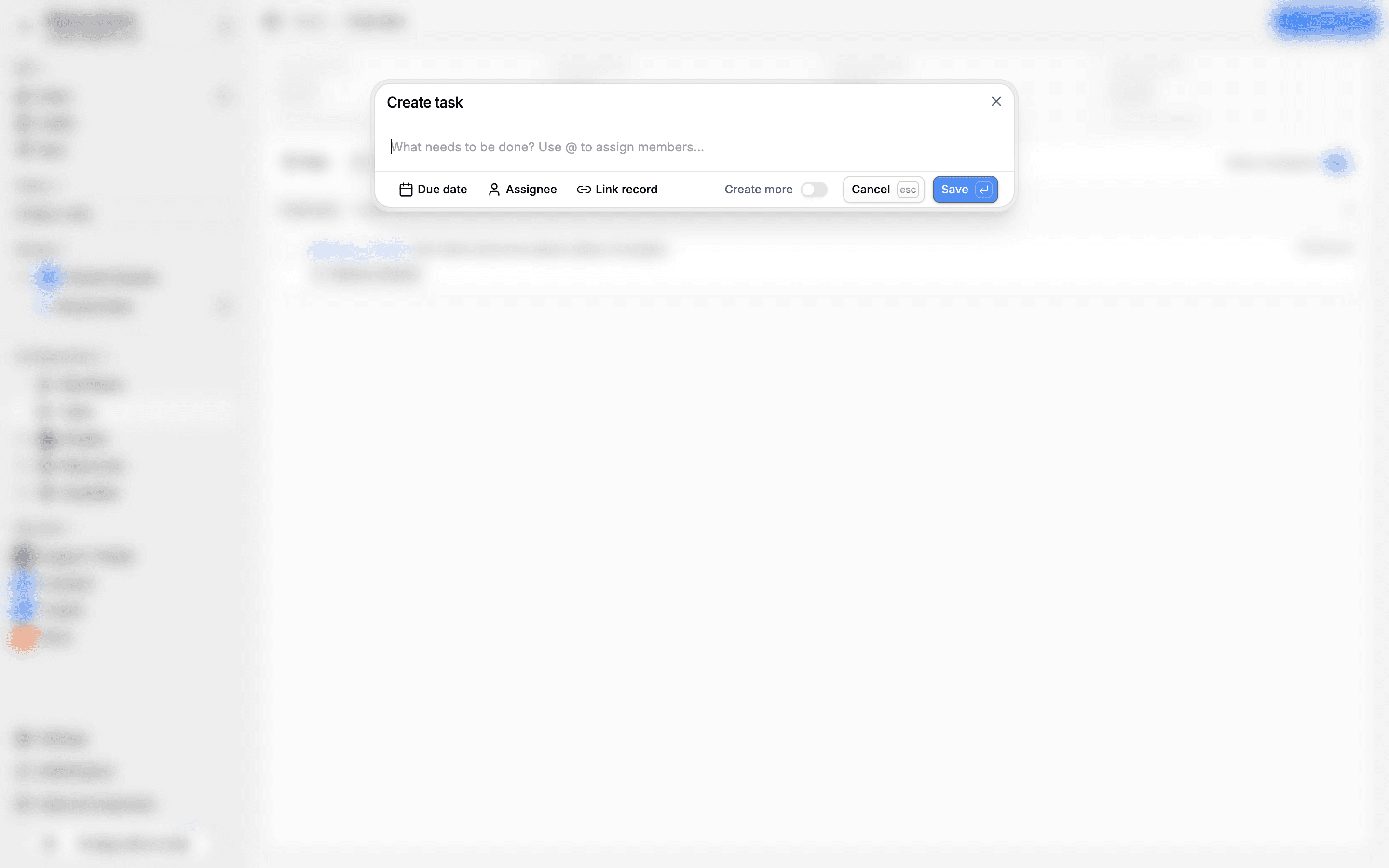 Create task dialog with title input, Due date, Assignee, and Link record buttons