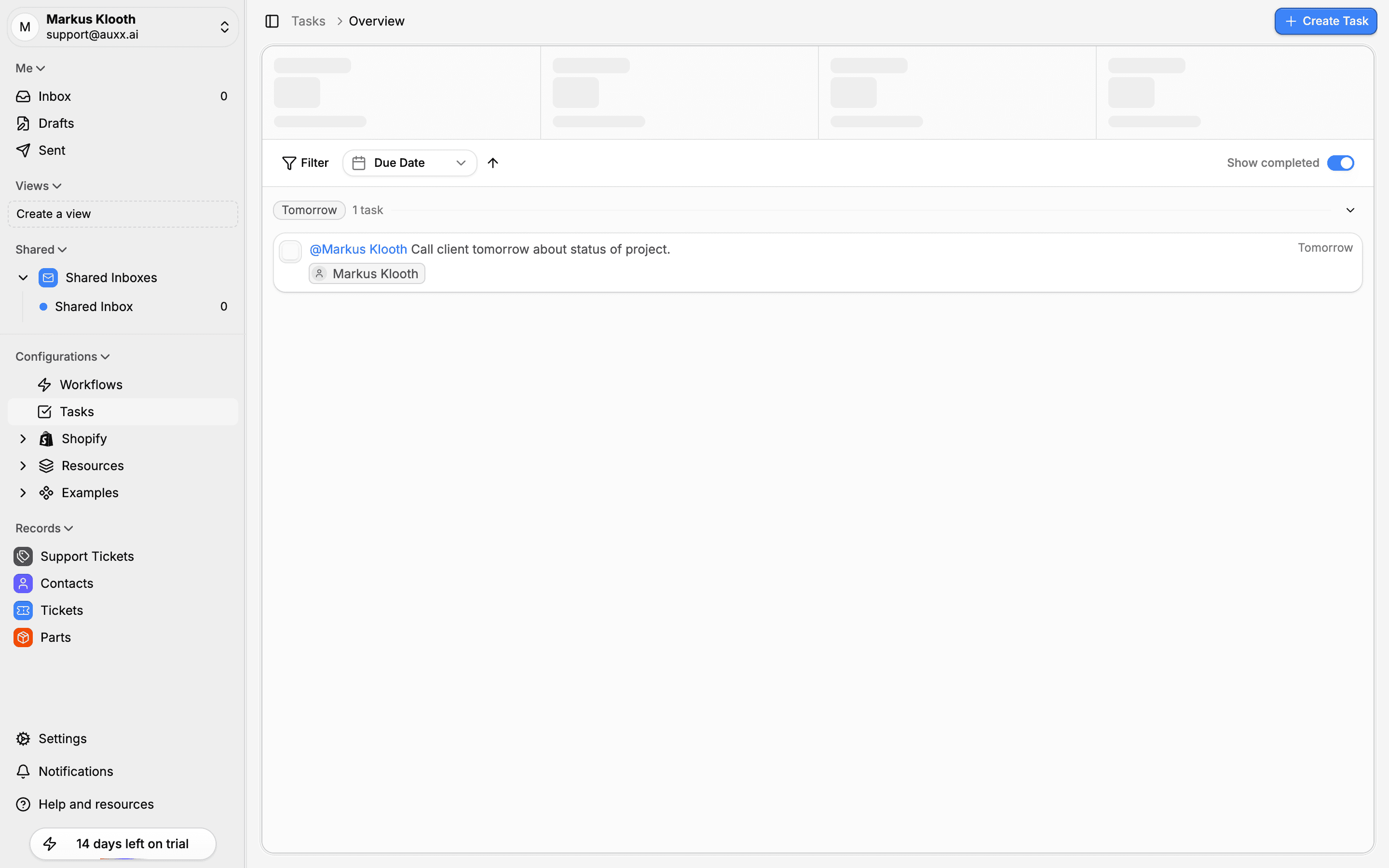 Tasks page showing tasks grouped by due date with filter bar and Show completed toggle