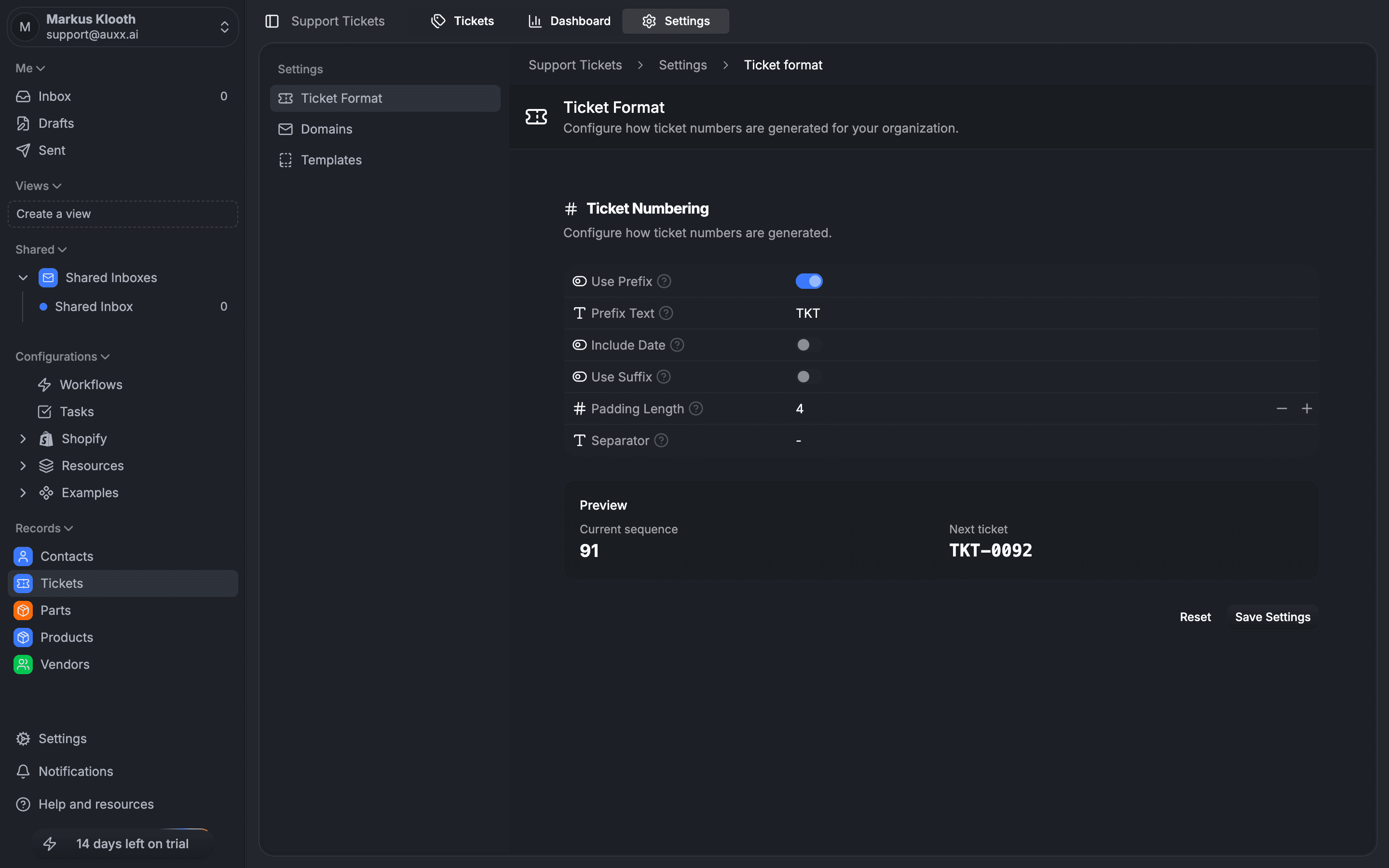 Ticket Format settings showing prefix, date, padding, separator options and a preview of the next ticket number
