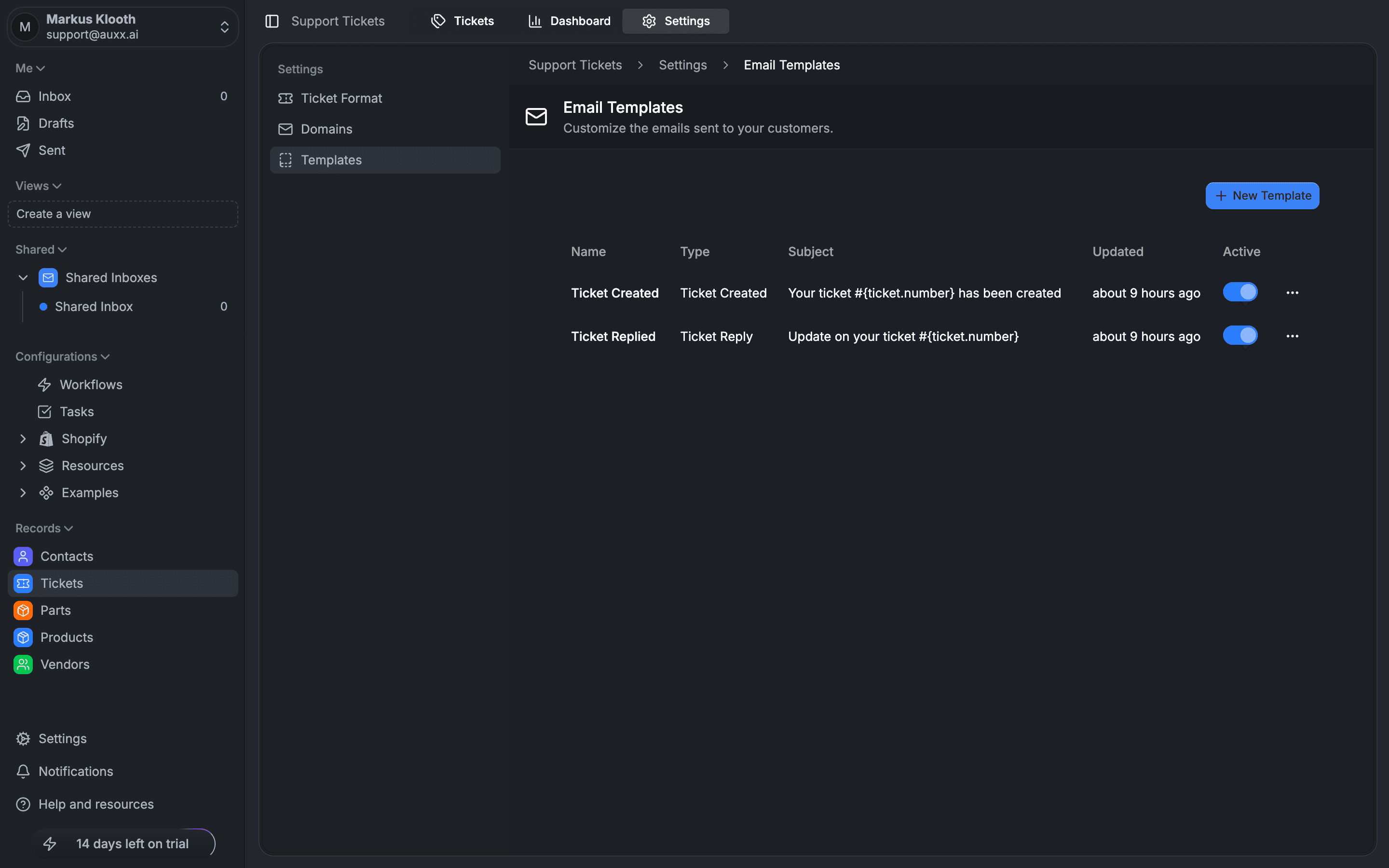 Email Templates settings showing Ticket Created and Ticket Replied templates with subject lines and active toggles