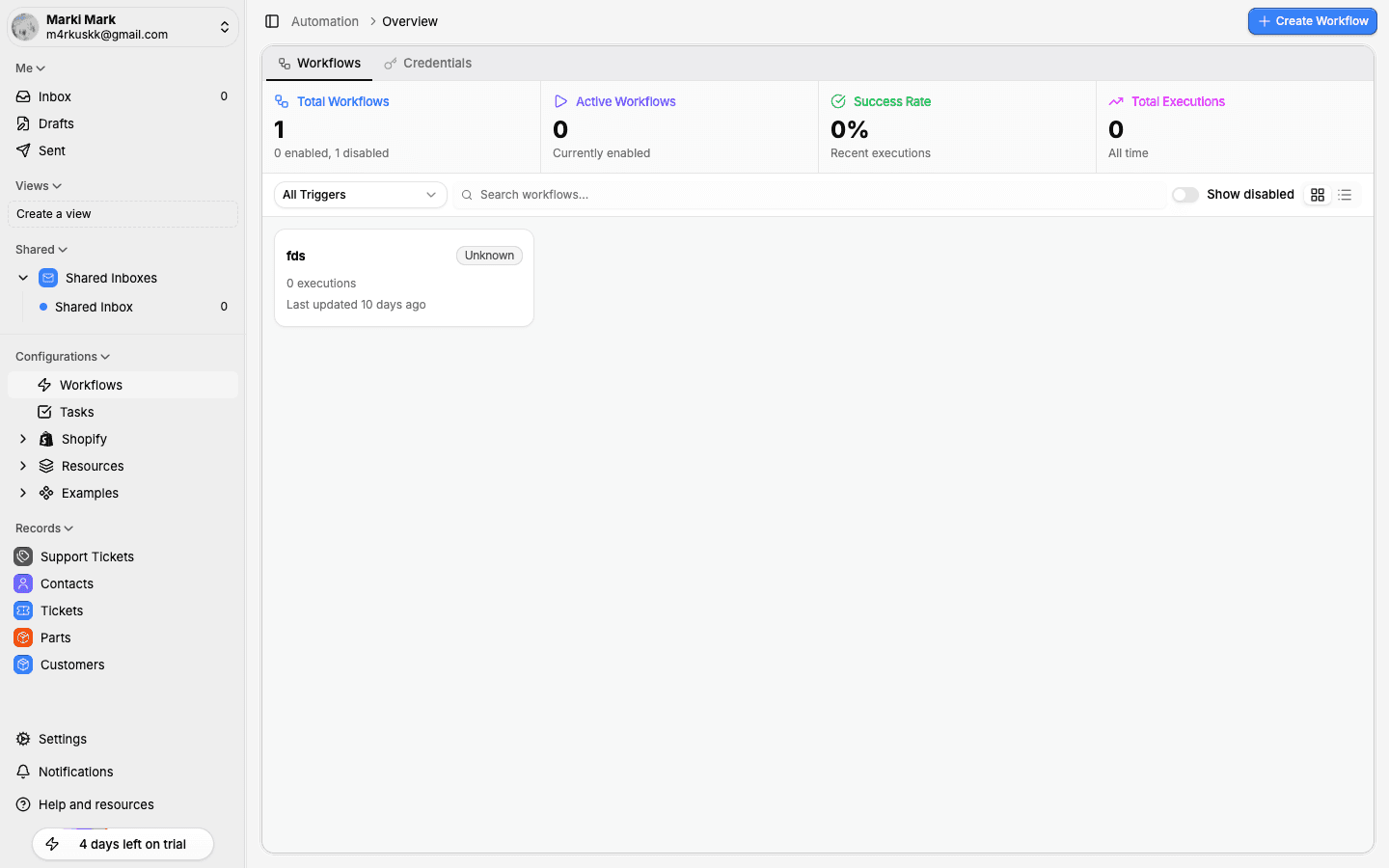 Workflows page with automation stats