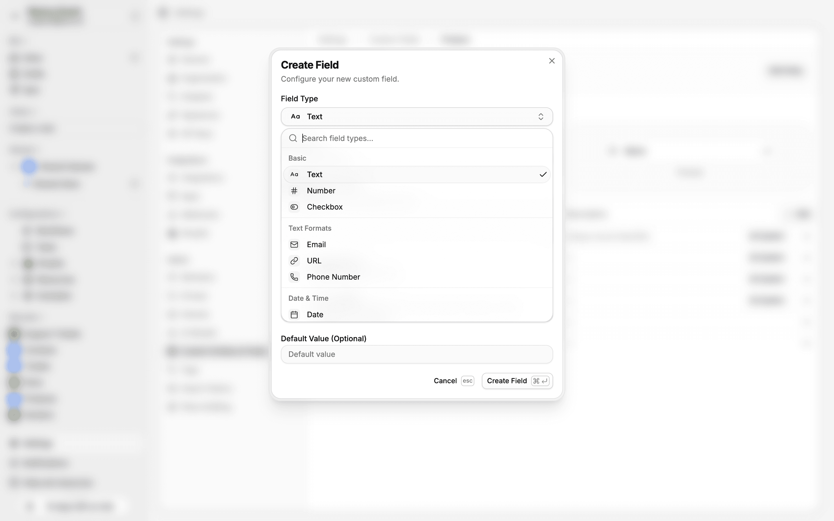 Field type picker showing grouped field types — Basic, Text Formats, Date & Time, Selection, Complex, and Advanced