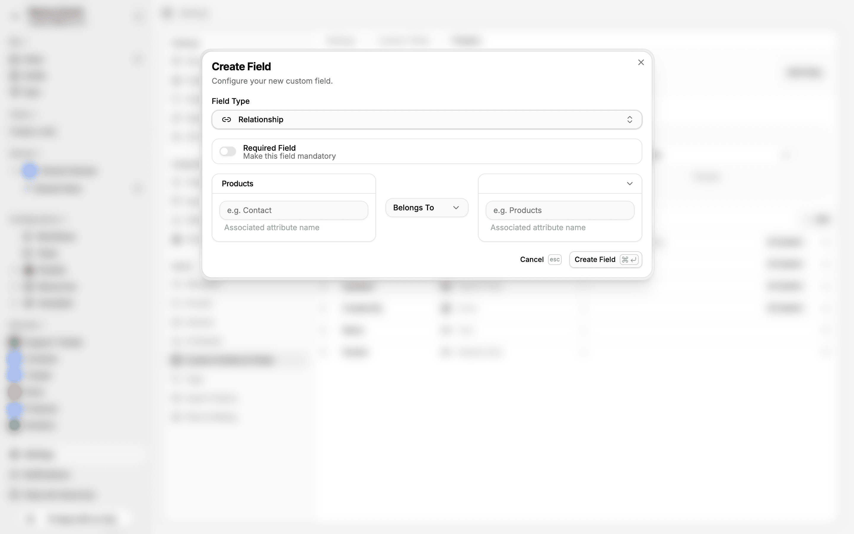 Create Field dialog with Relationship type selected, showing target entity, cardinality dropdown, and inverse field name inputs