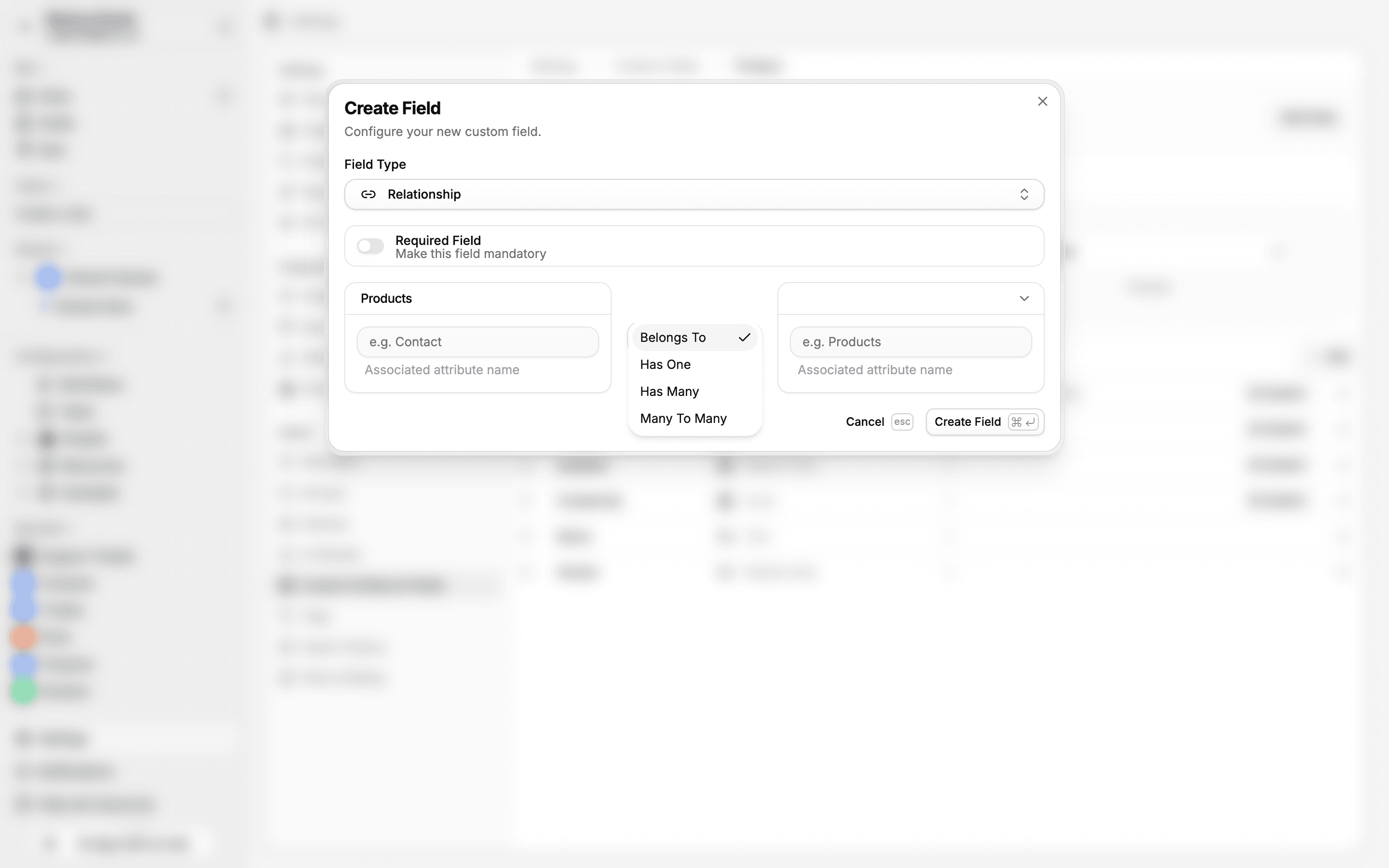 Relationship type dropdown expanded showing Belongs To, Has One, Has Many, and Many To Many options