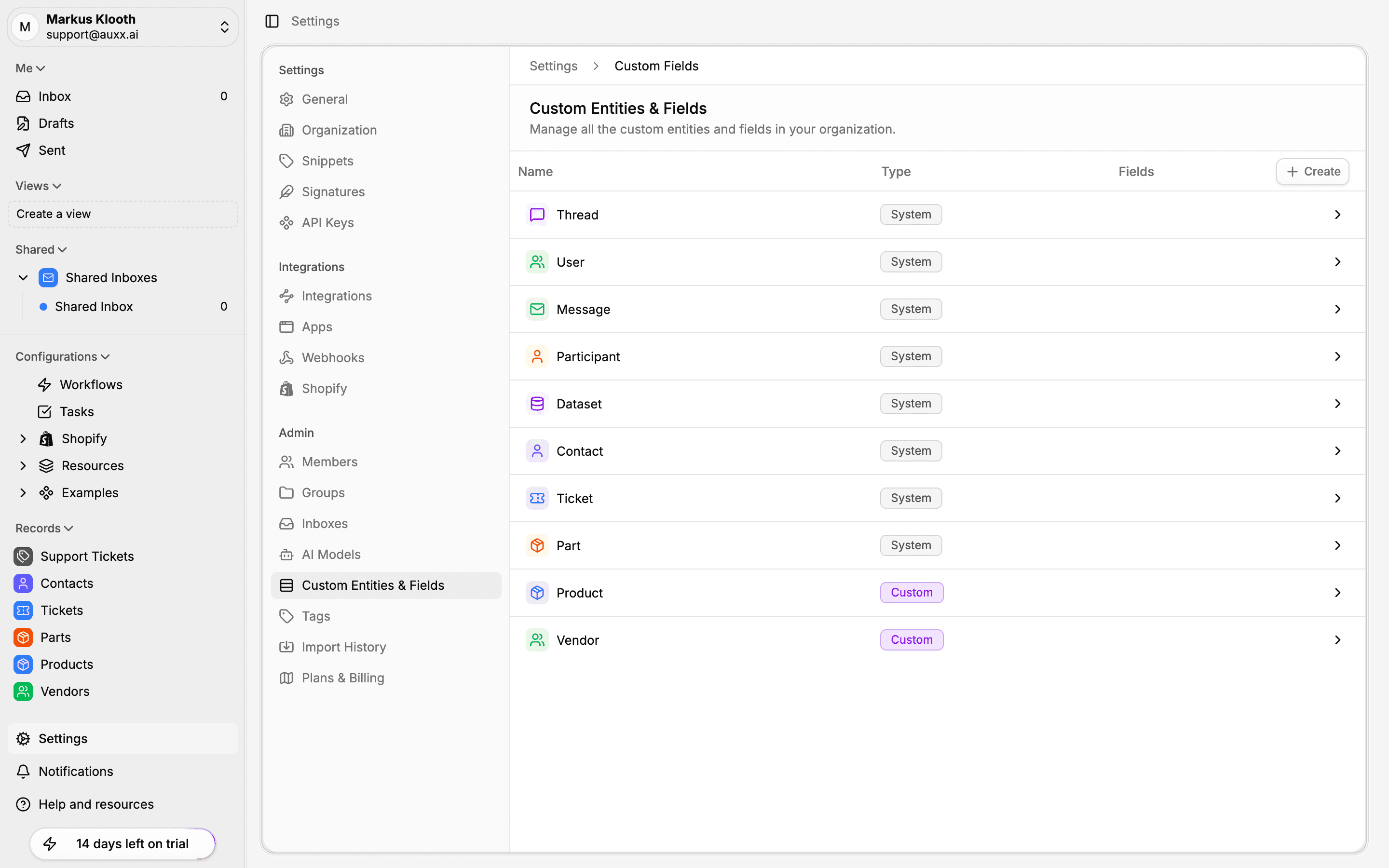 Custom Entities & Fields settings page showing system and custom entities with type and field count columns