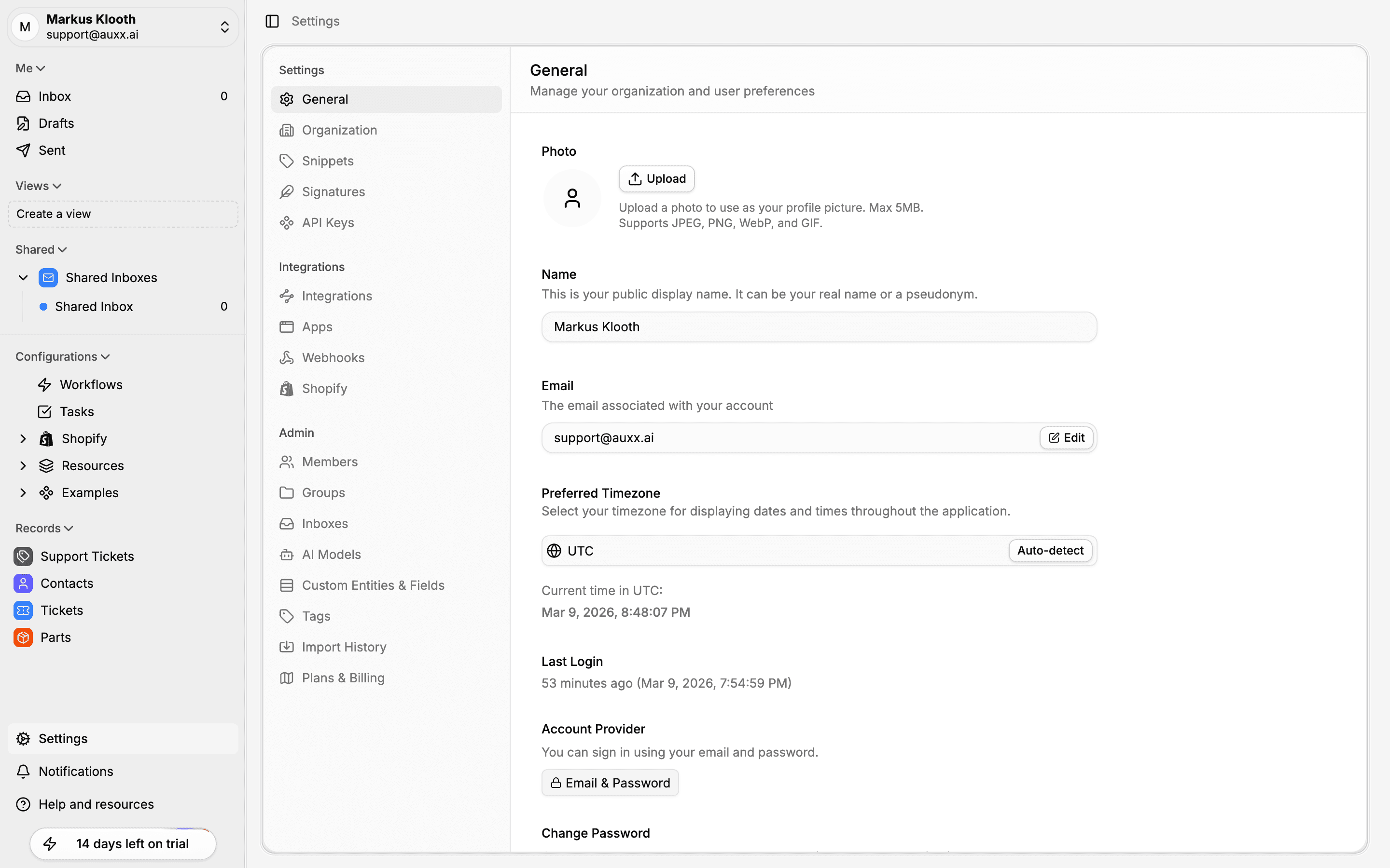 Settings page with sidebar navigation