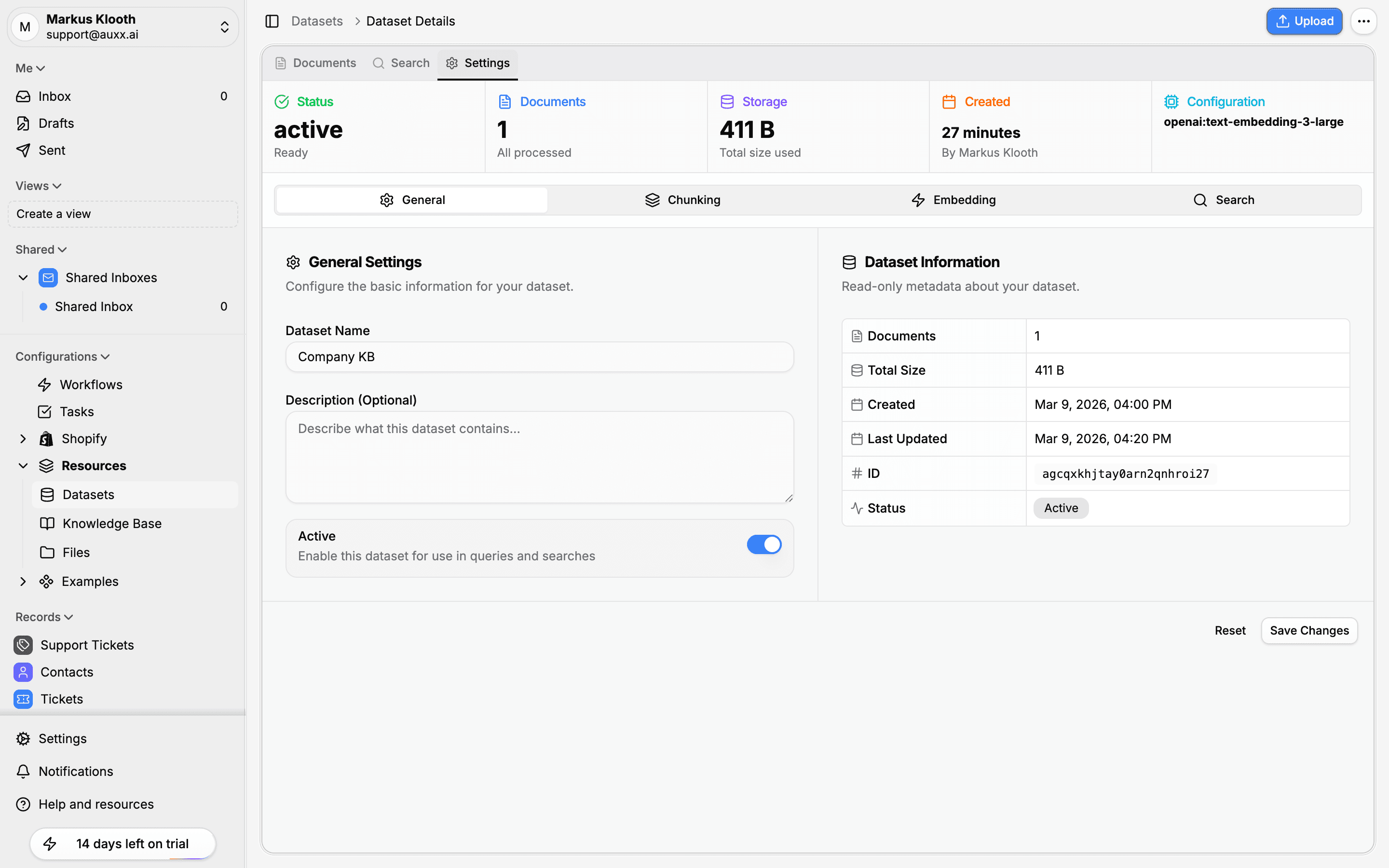 Dataset Settings tab showing General, Chunking, Embedding, and Search sub-tabs