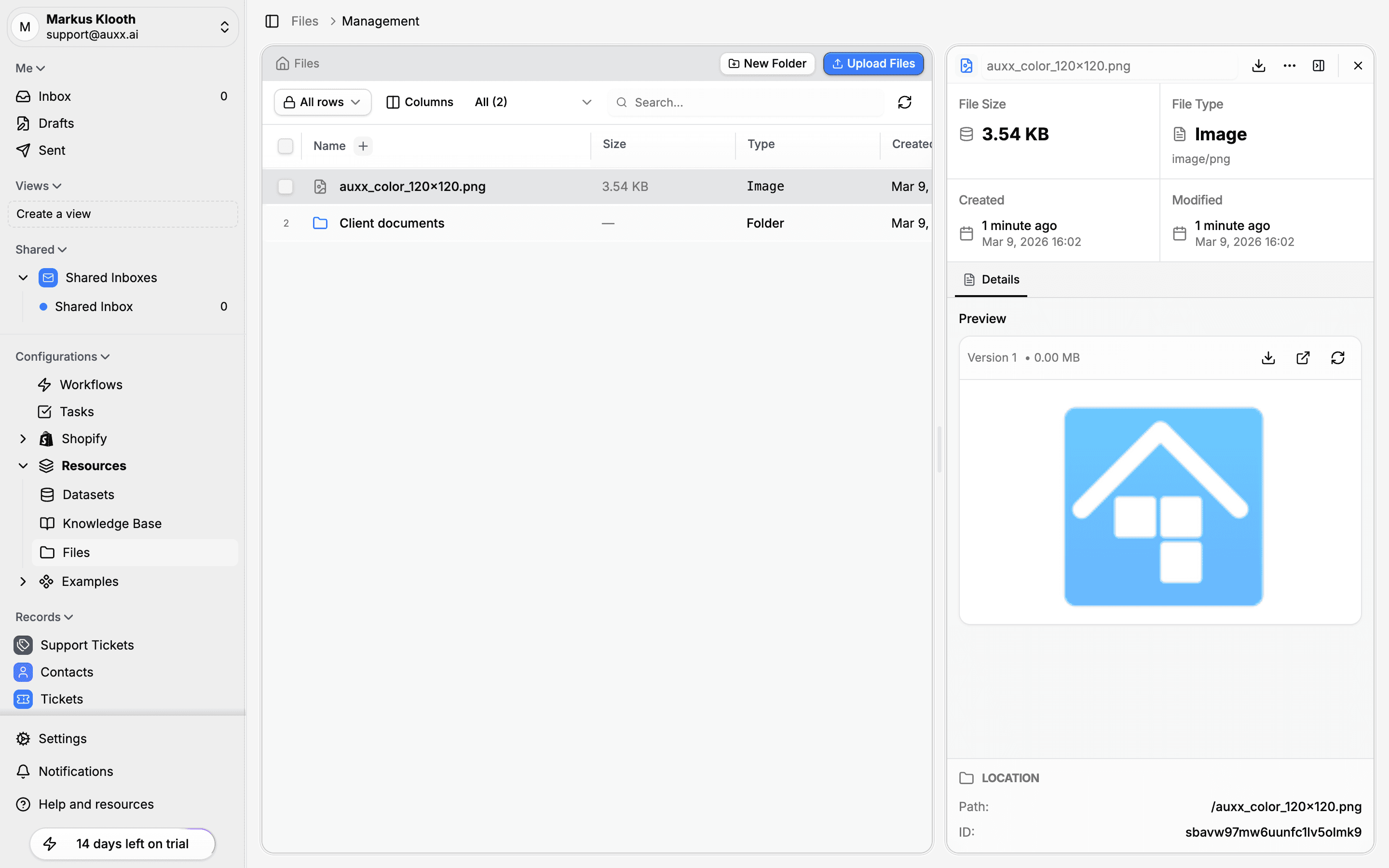 File detail drawer showing image preview, metadata, and location info