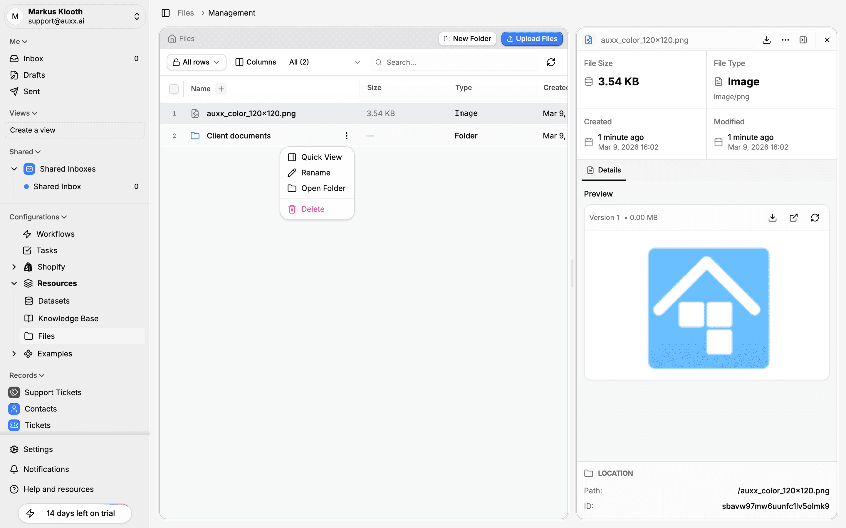 Folder context menu showing Quick View, Rename, Open Folder, and Delete options