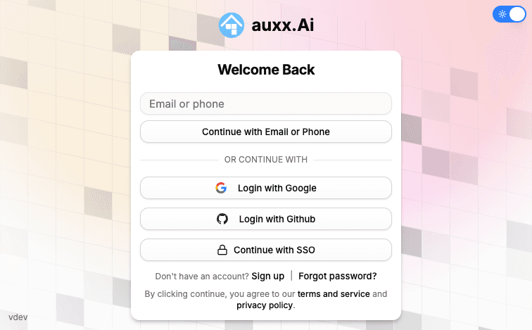 Auxx.ai login page with email, Google, and GitHub sign-in options