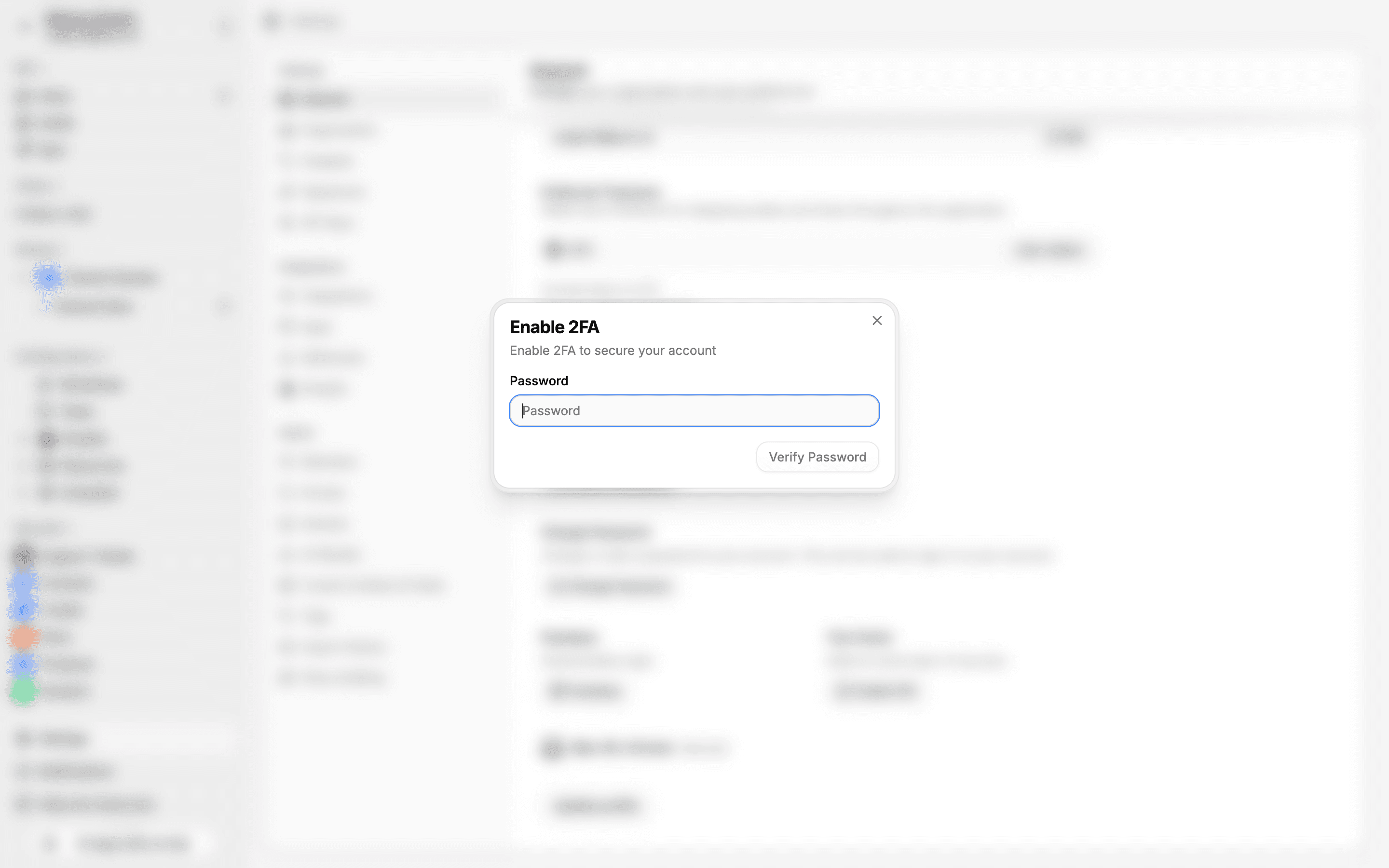 Enable 2FA dialog requesting password verification