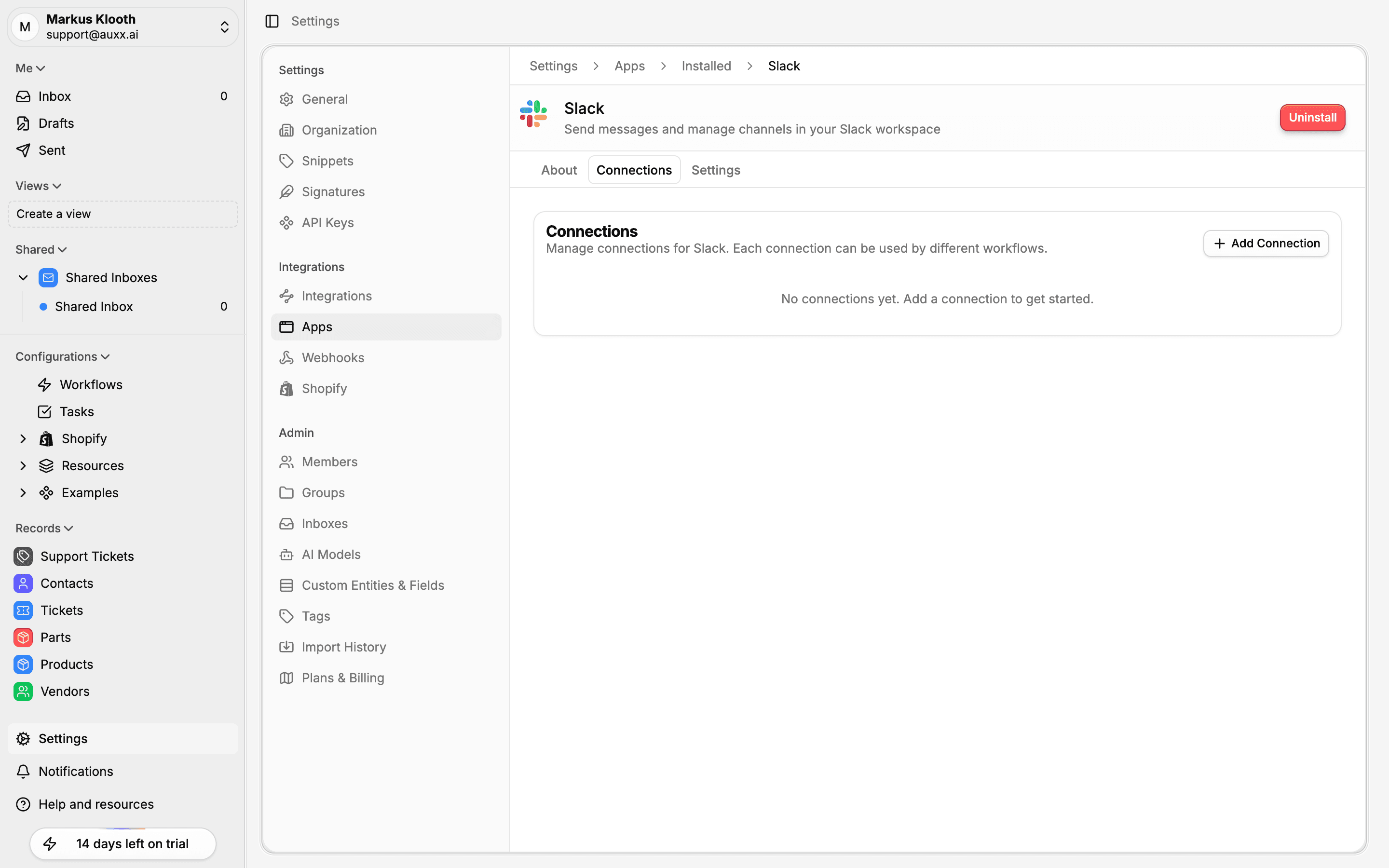 App detail page showing Connections tab with Uninstall button