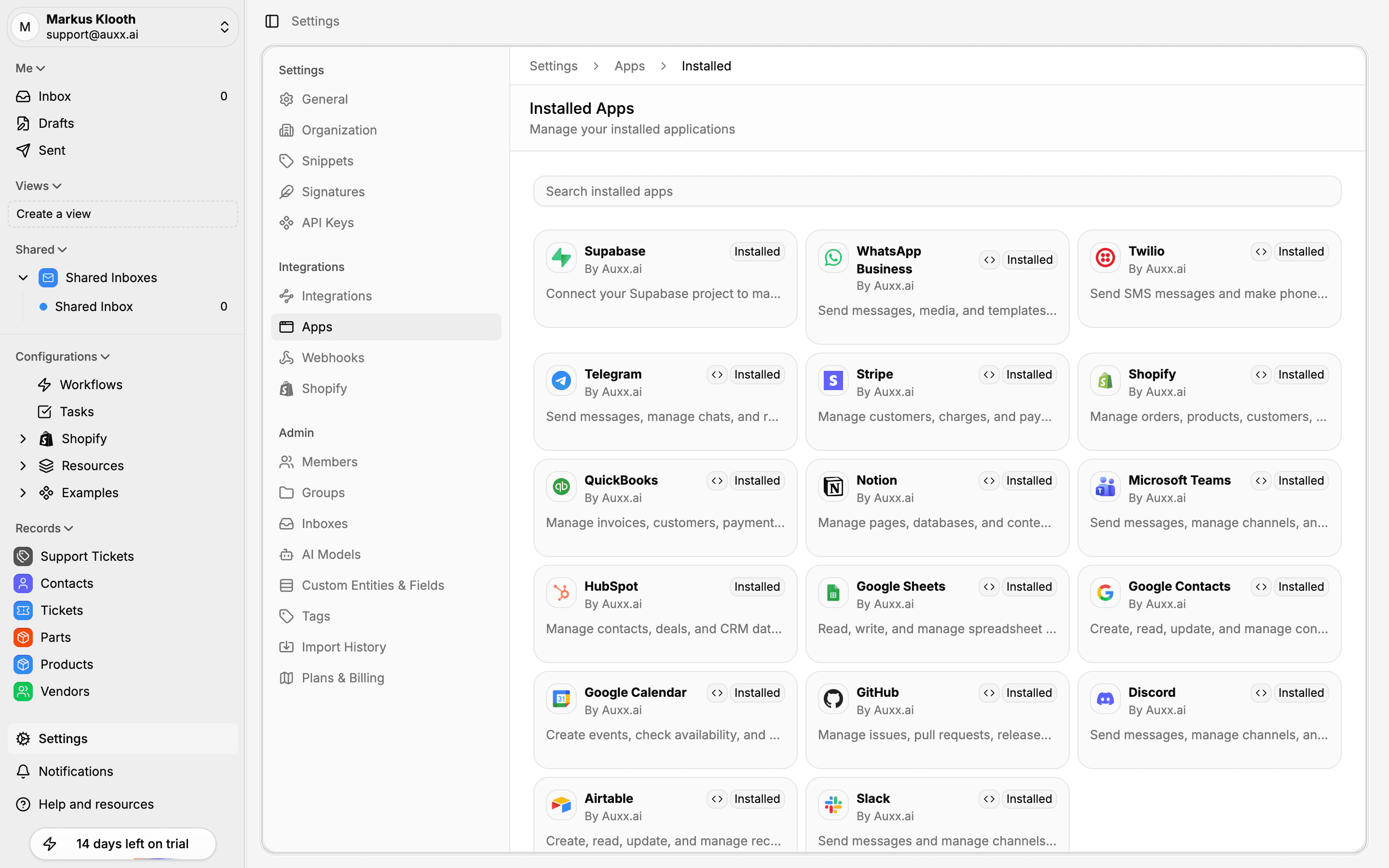 Installed apps page showing all apps with search