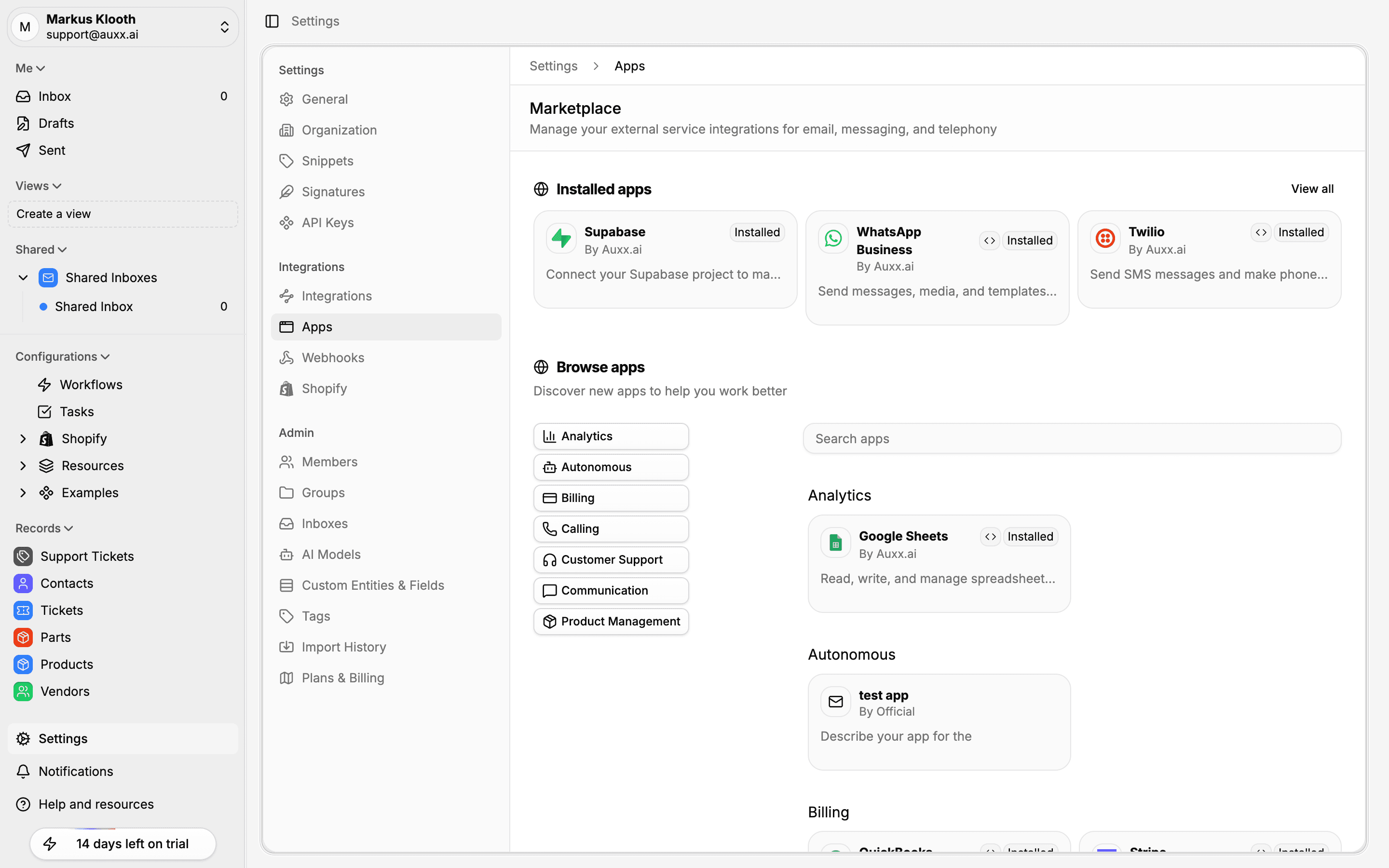 Apps marketplace showing installed apps and browsable categories