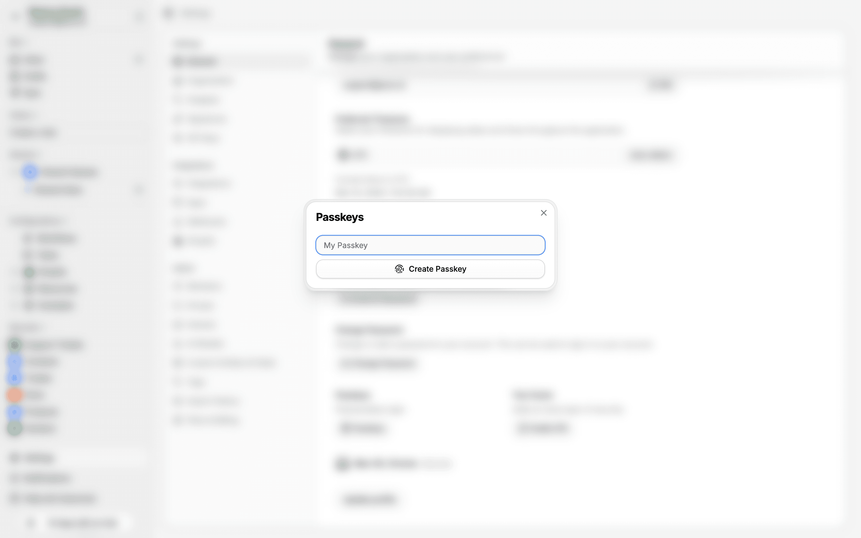 Passkeys dialog with name field and Create Passkey button
