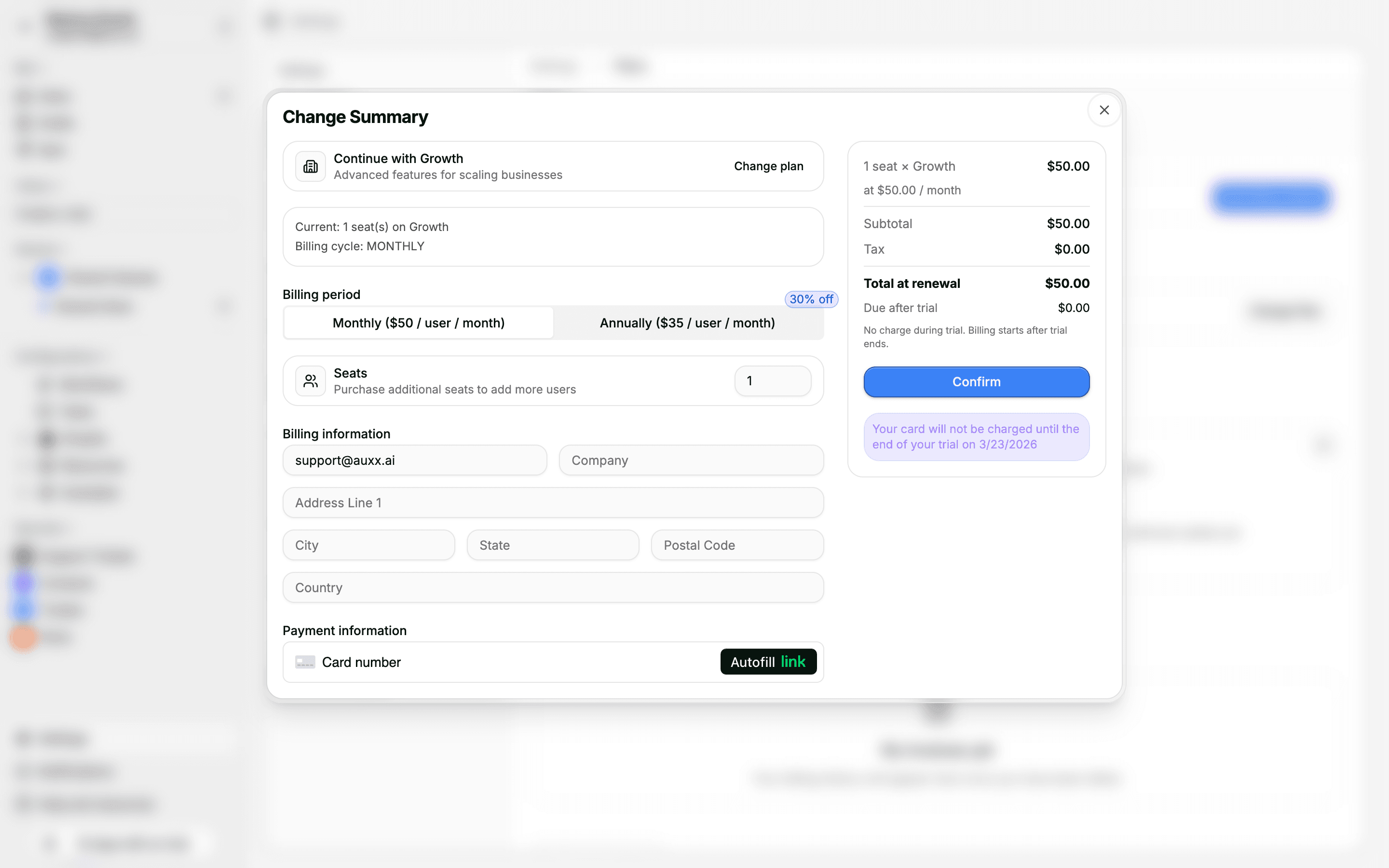 Change Summary dialog with billing period, seats, billing address, payment form, and price breakdown