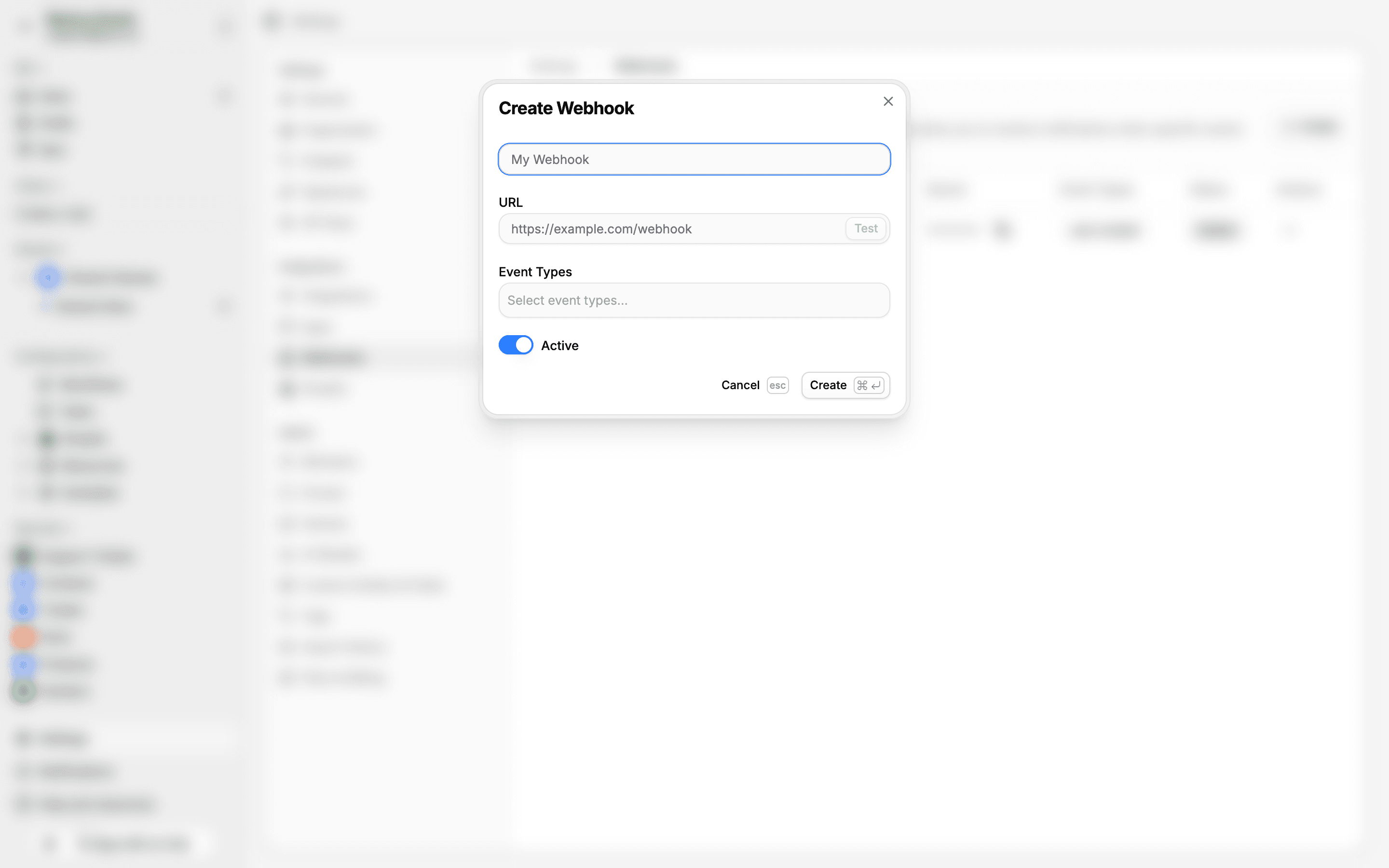 Create Webhook dialog with name, URL, event types, and active toggle