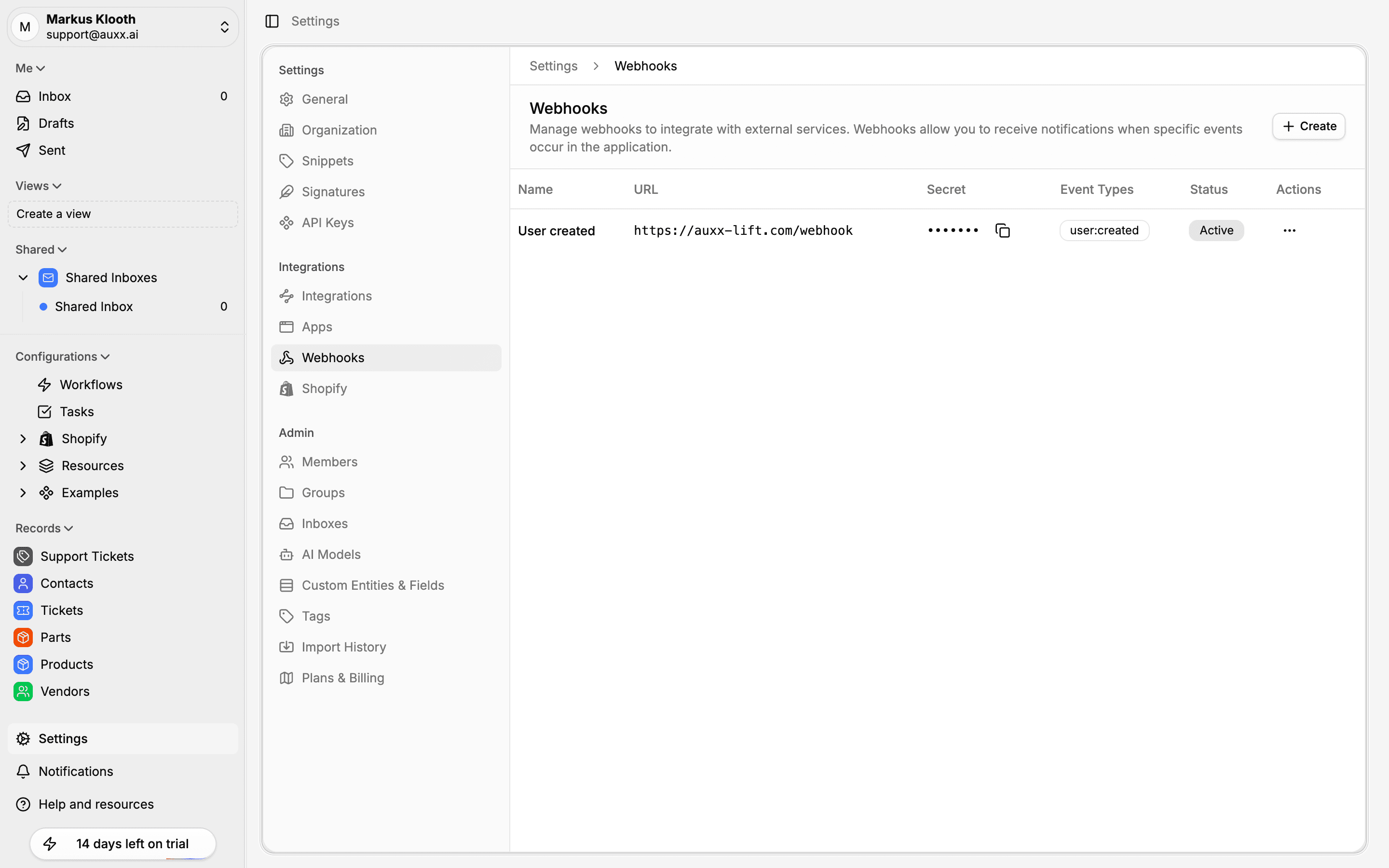 Webhooks settings page showing webhook list with name, URL, secret, events, and status