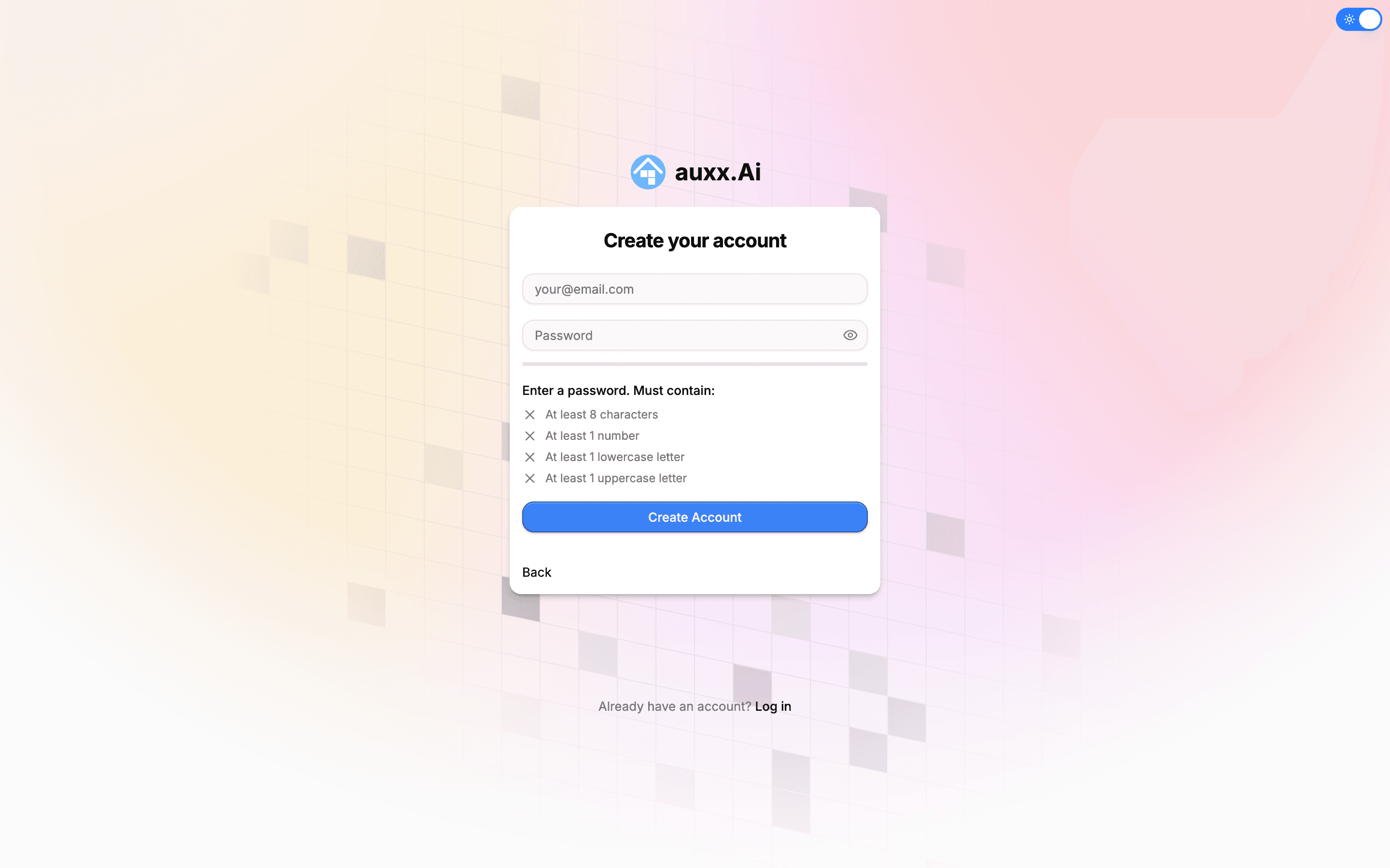 Email sign-up form with password requirements