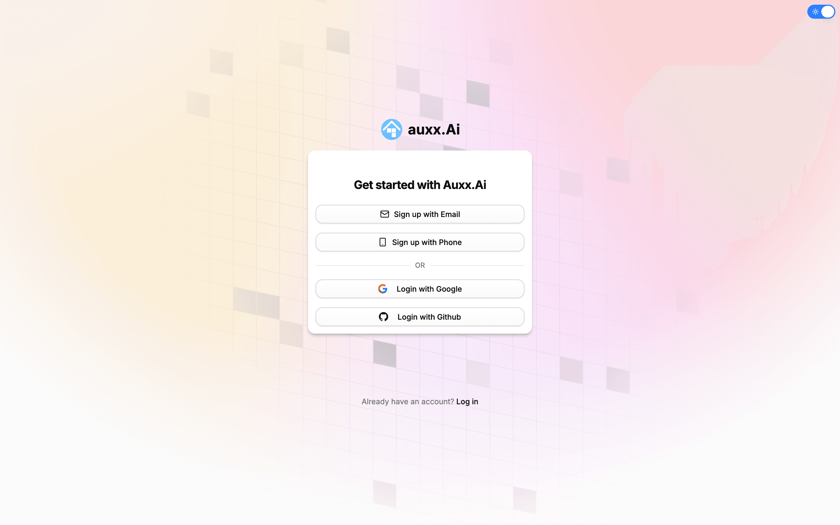 Sign-up page with email, phone, Google, and GitHub options